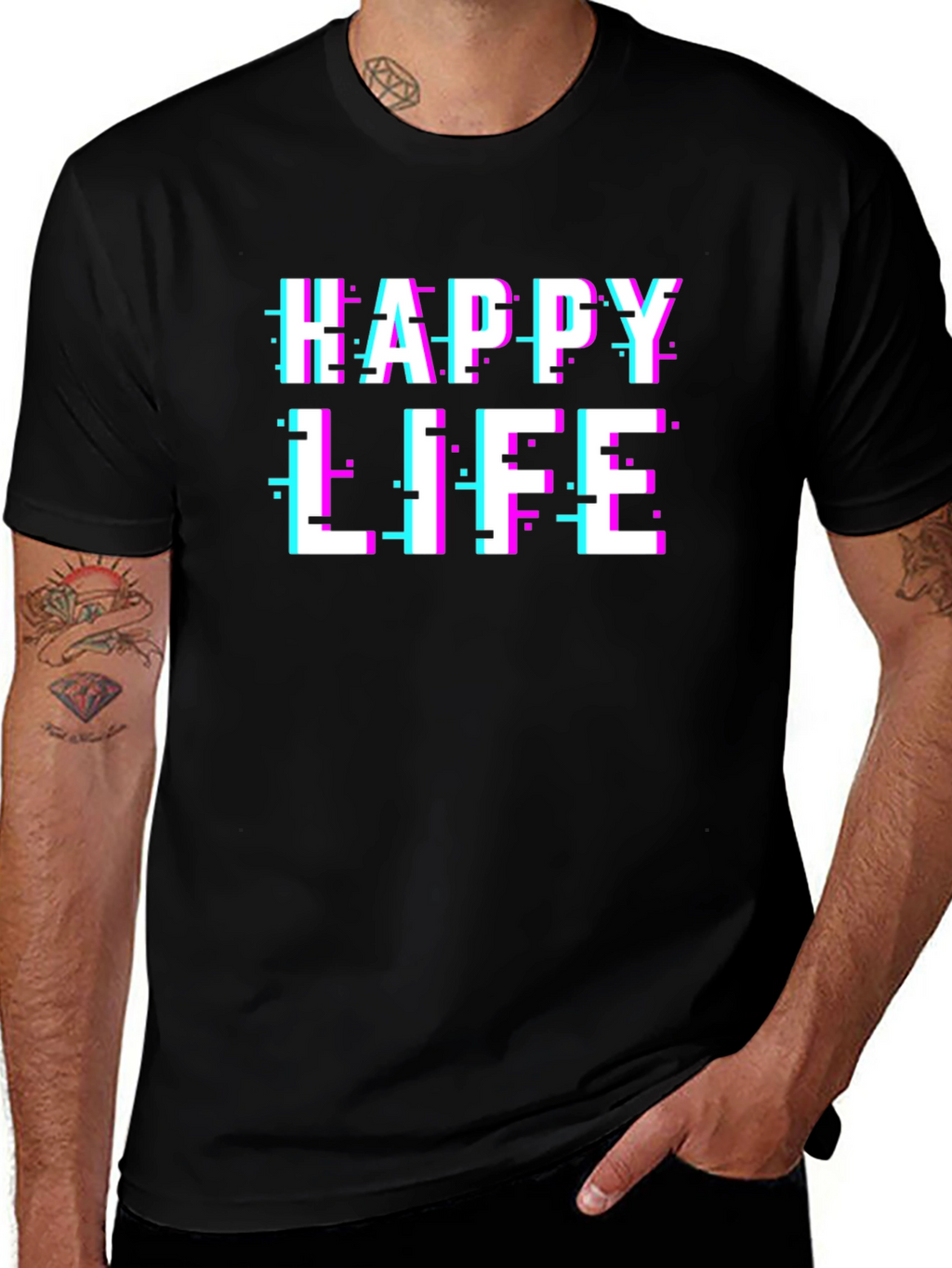 Happy Life Glitch Graphic Black T-Shirt