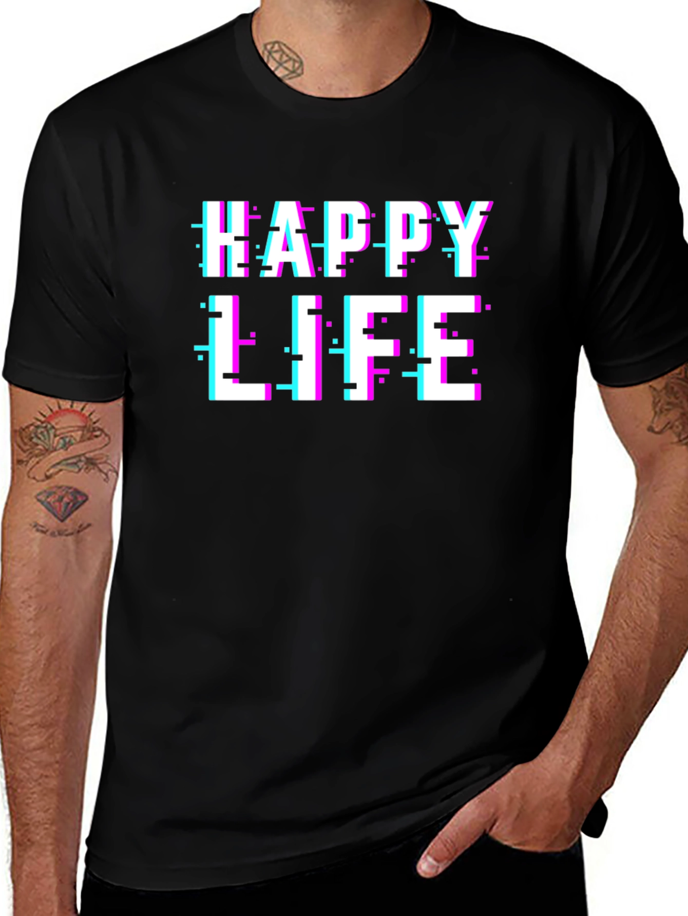 Happy Life Glitch Graphic Black T-Shirt