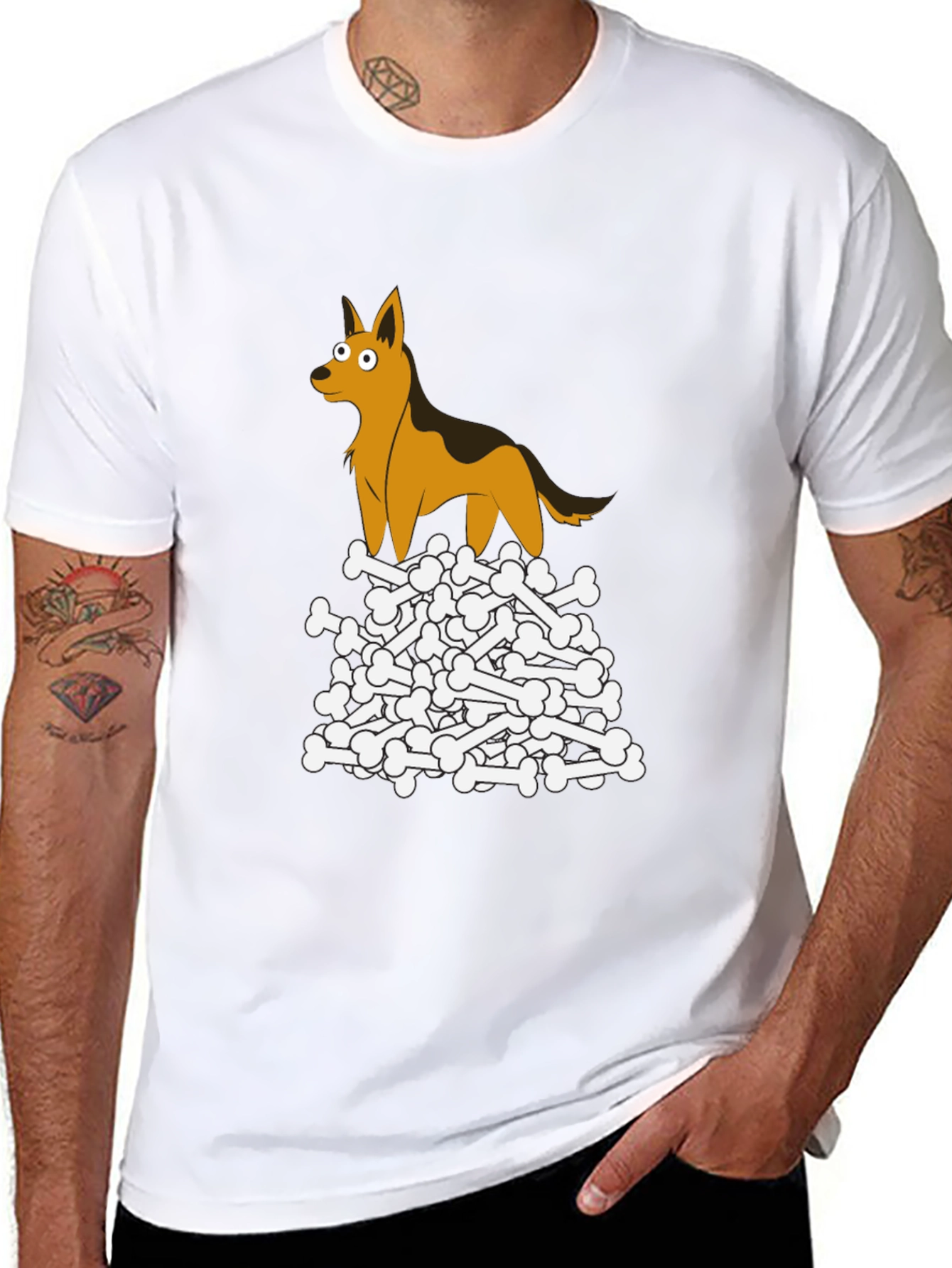 Dog on Bone Pile T-Shirt - Unique Cartoon Graphic Tee