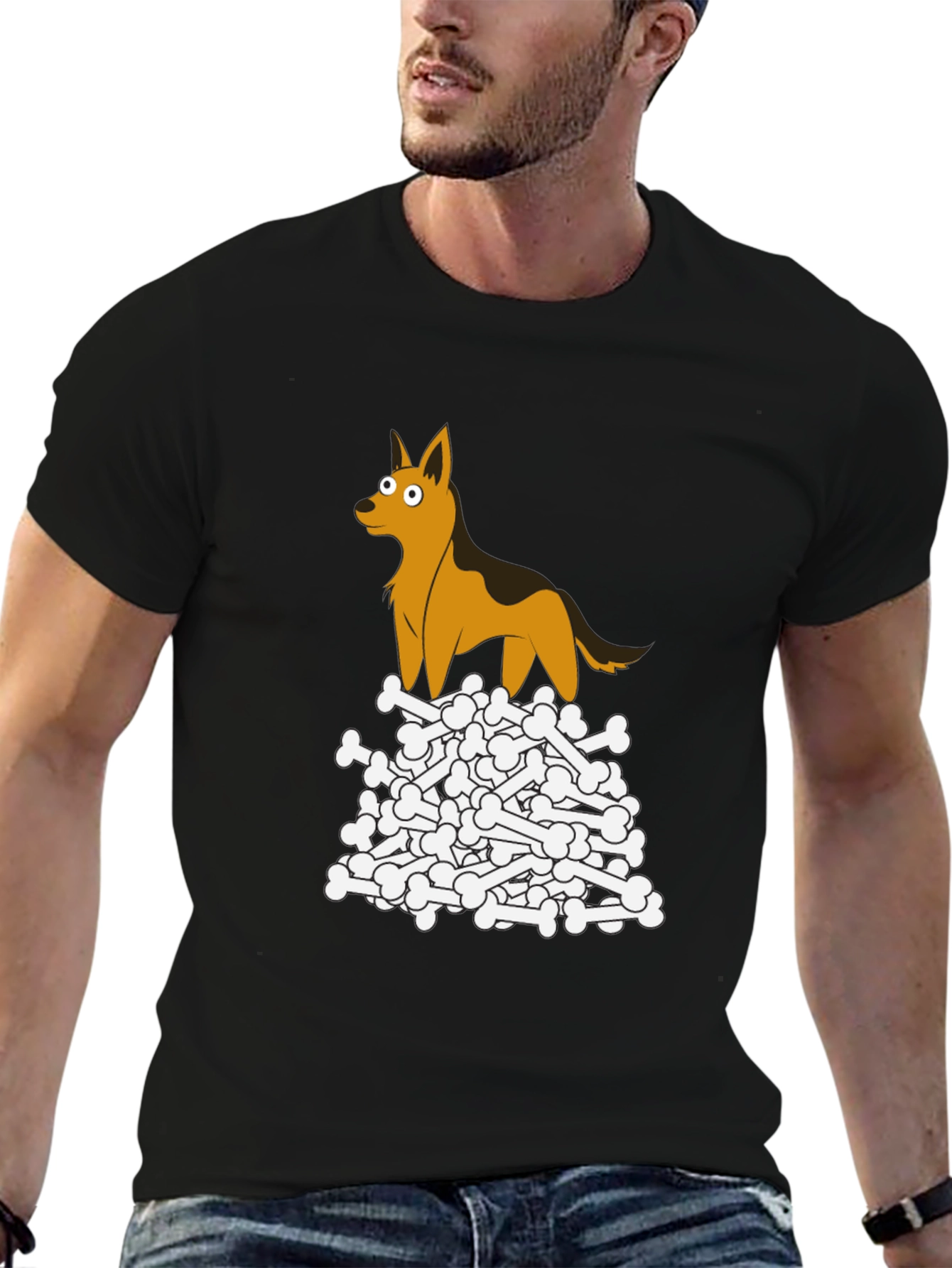 Dog on Bone Pile T-Shirt - Unique Cartoon Graphic Tee