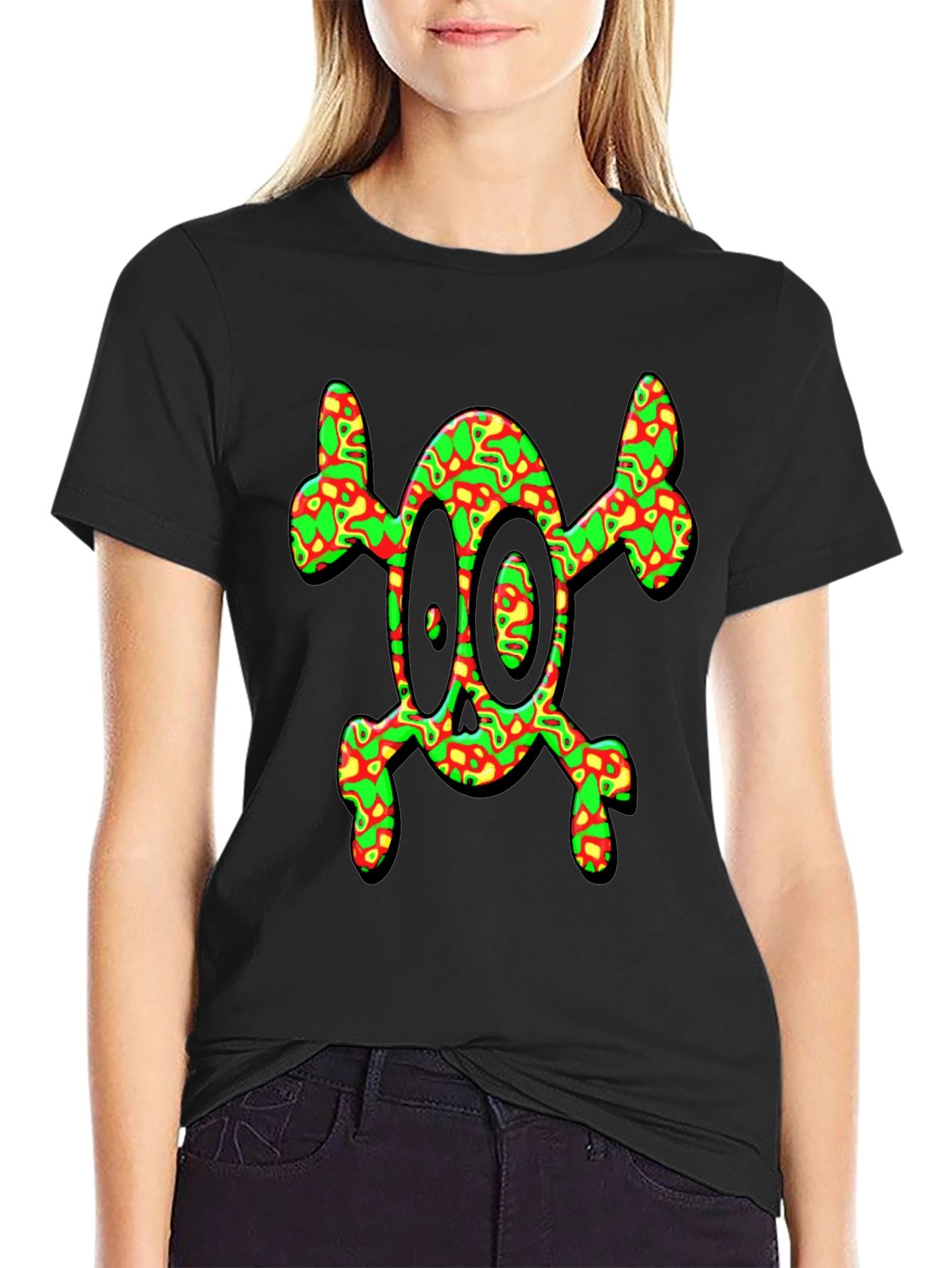 Psychedelic Skull & Crossbones Graphic Tee - Black