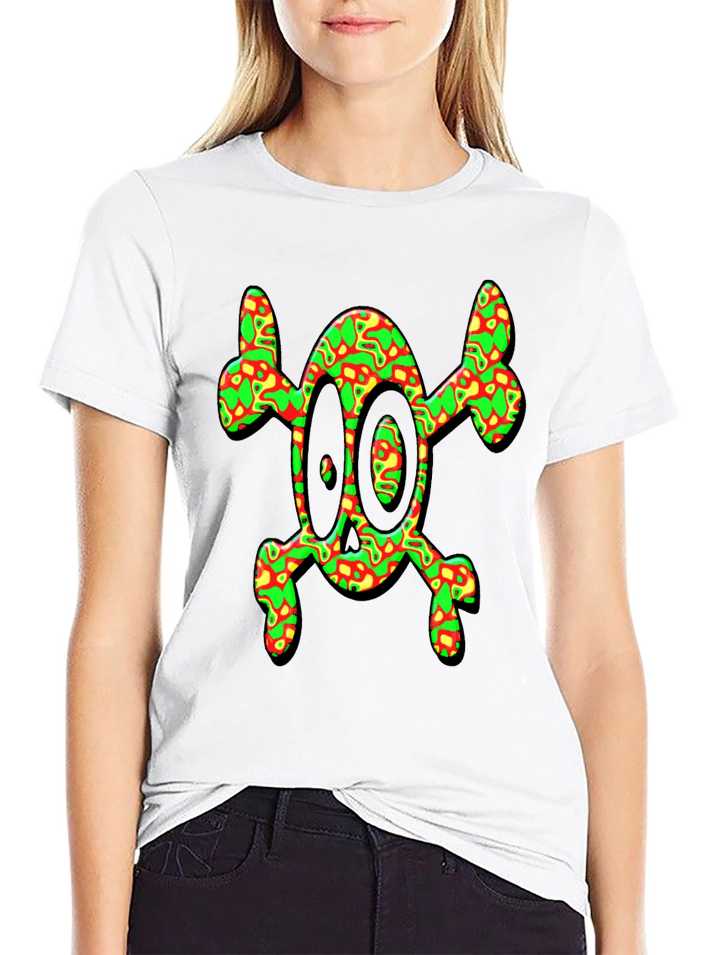 Psychedelic Skull & Crossbones Graphic Tee - Black