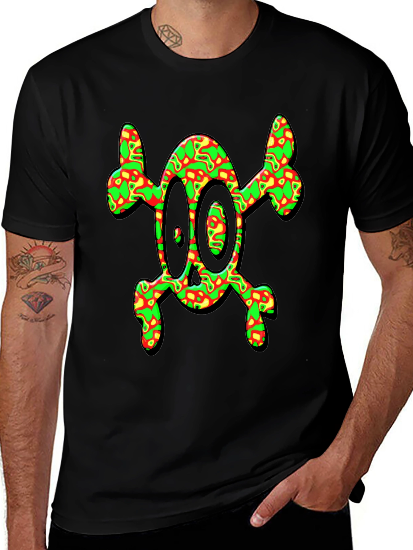 Psychedelic Skull & Crossbones Graphic Tee - Black