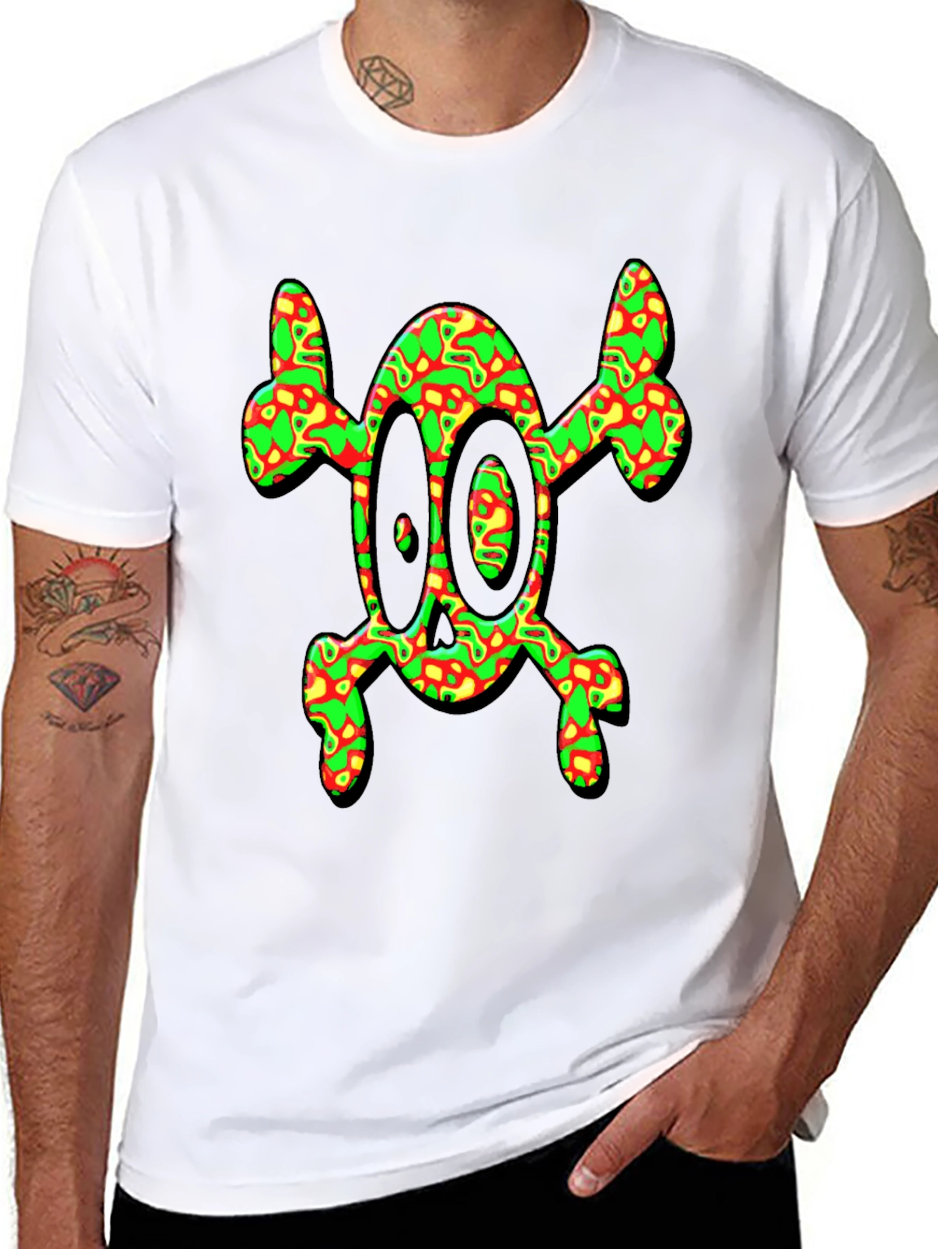 Psychedelic Skull & Crossbones Graphic Tee - Black