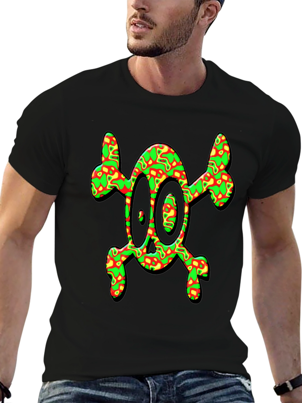 Psychedelic Skull & Crossbones Graphic Tee - Black