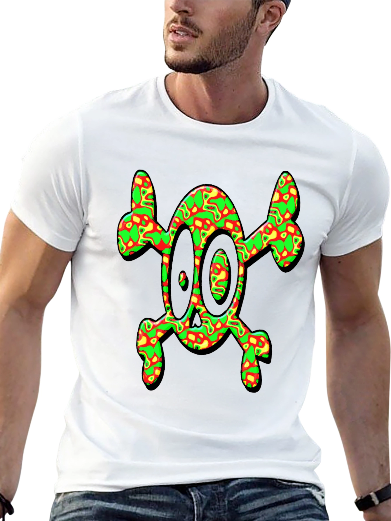 Psychedelic Skull & Crossbones Graphic Tee - Black