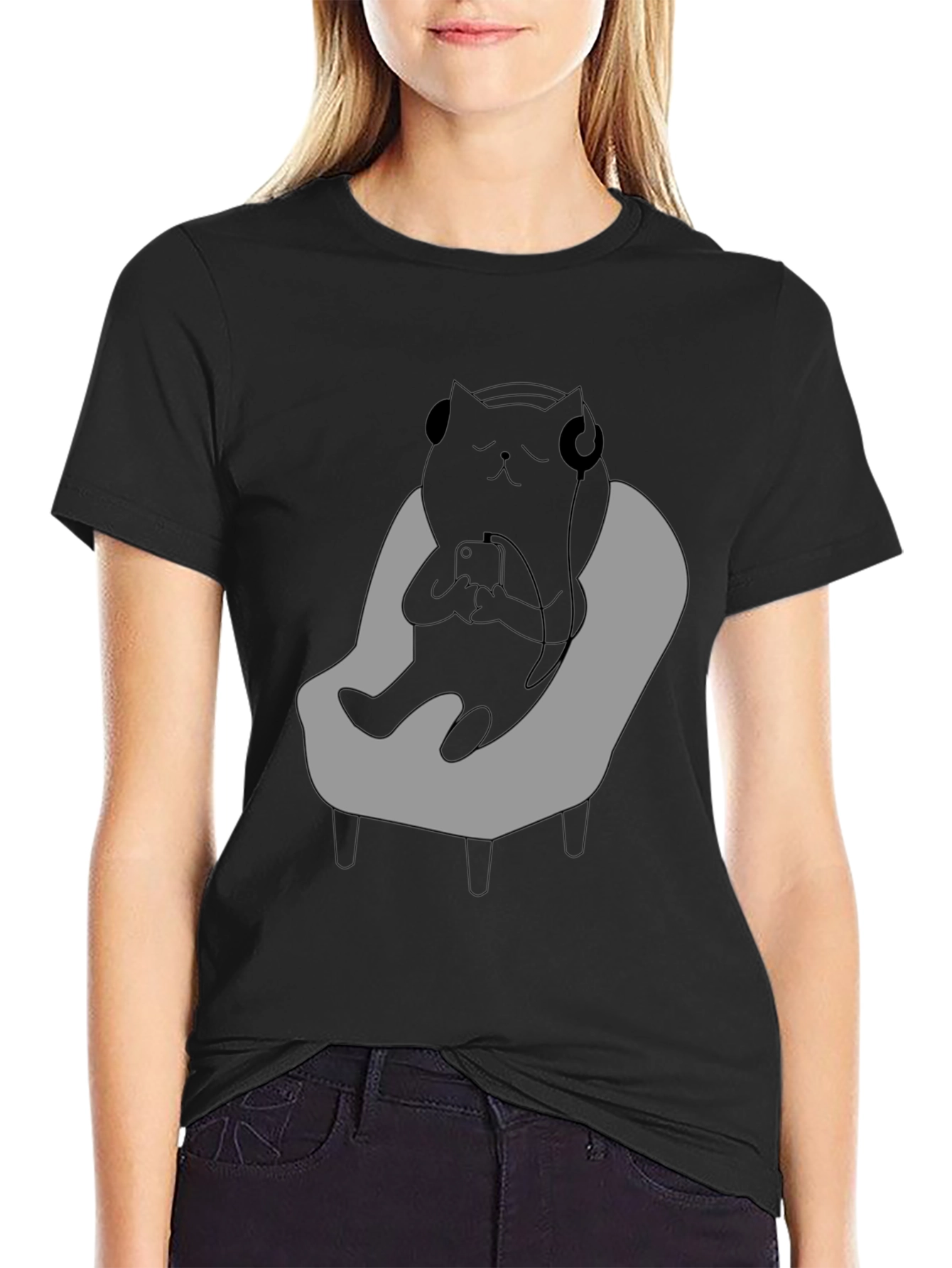 Chill Cat T-Shirt - Relaxed Black Cat with Headphones