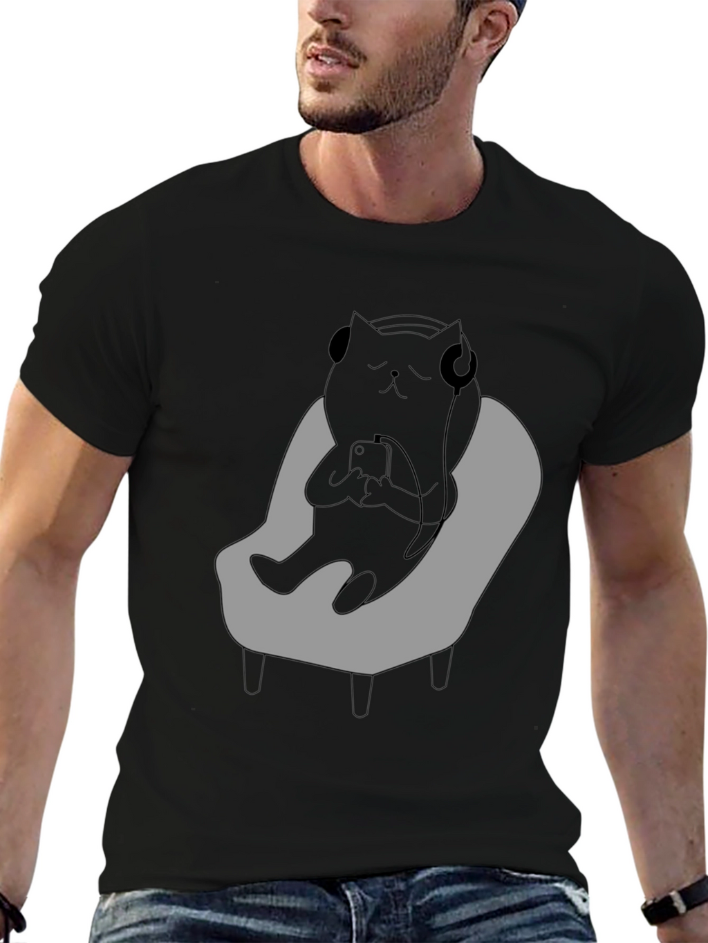 Chill Cat T-Shirt - Relaxed Black Cat with Headphones