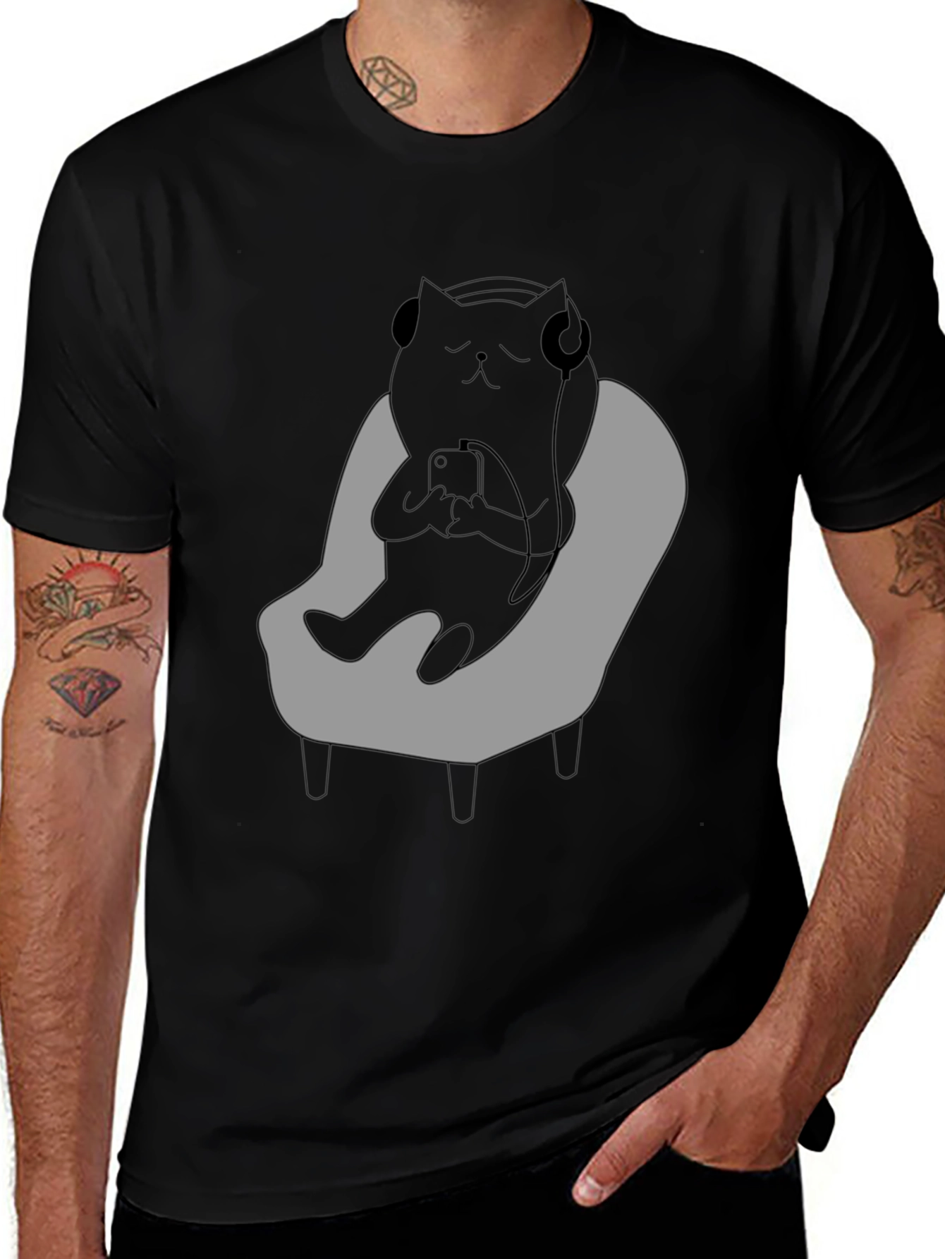 Chill Cat T-Shirt - Relaxed Black Cat with Headphones