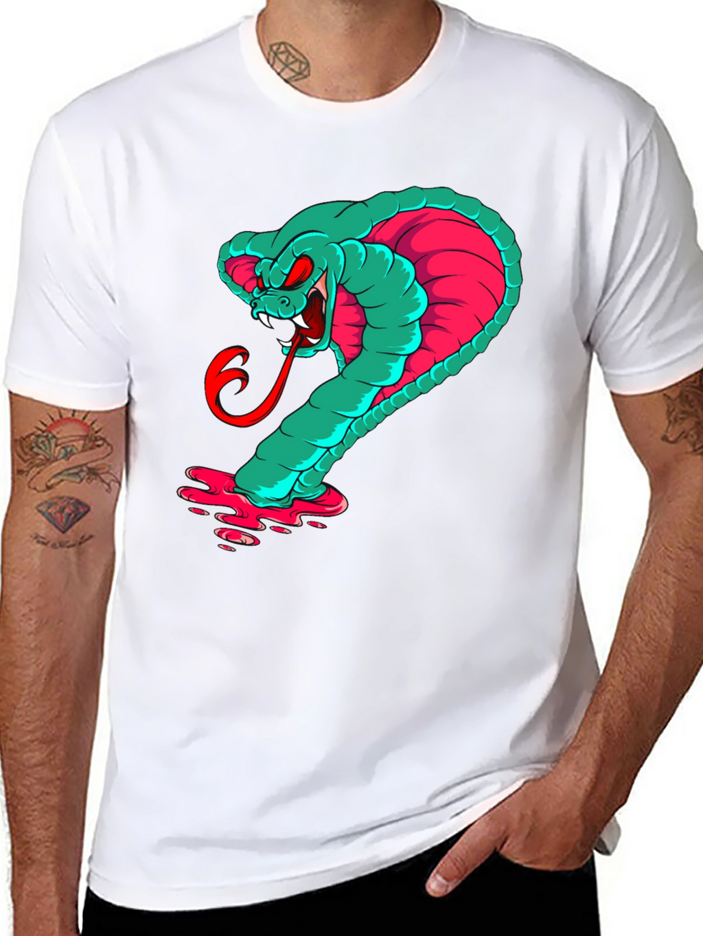 Mens Graphic Cobra T-Shirt - Teal & Pink Snake