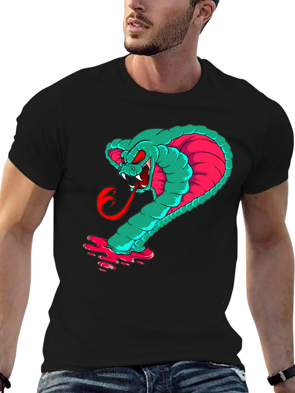 Mens Graphic Cobra T-Shirt - Teal & Pink Snake