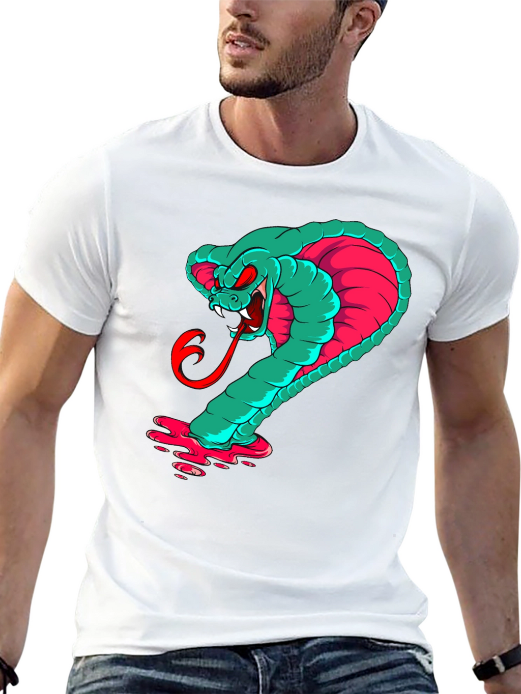 Mens Graphic Cobra T-Shirt - Teal & Pink Snake