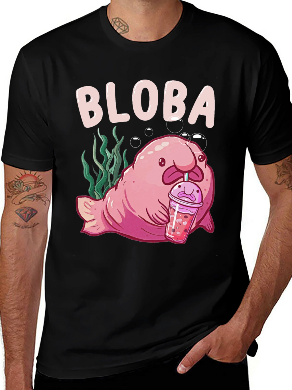 Blobfish Boba Tea Funny Black T-Shirt