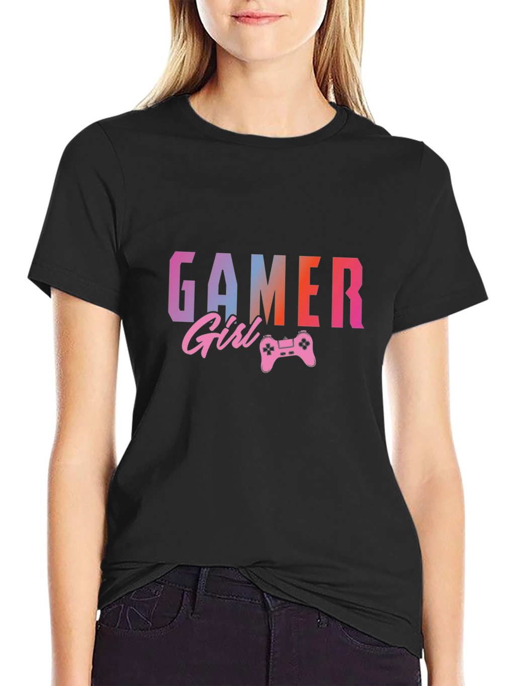 Gamer Girl Graphic Print Black T-Shirt
