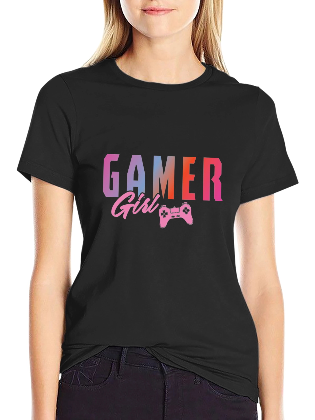 Gamer Girl Graphic Print Black T-Shirt