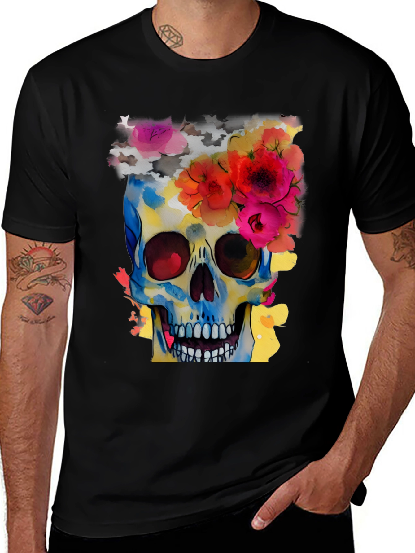 Floral Skull Graphic Tee - Mens Black T-Shirt