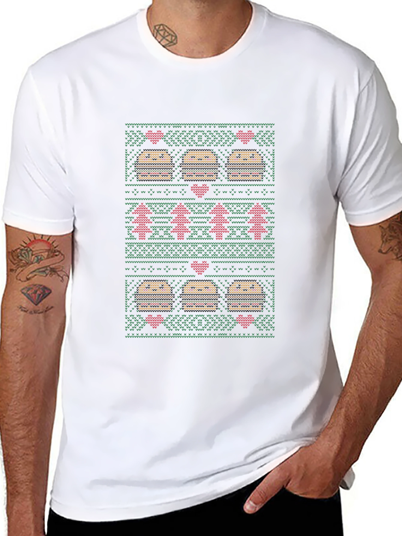 Burger Christmas Sweater Pattern T-Shirt