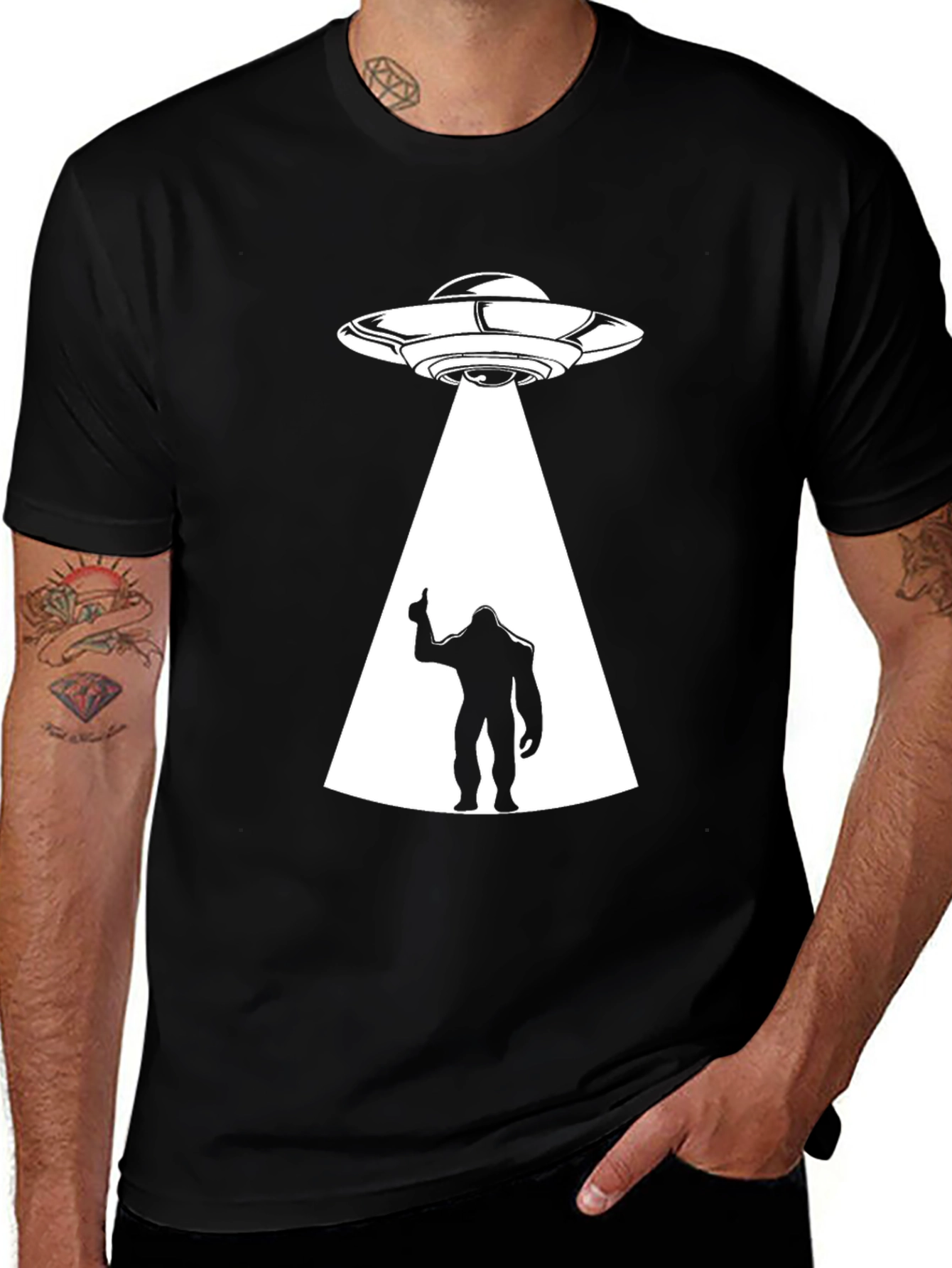 UFO Abduction Bigfoot Mens Black T-Shirt