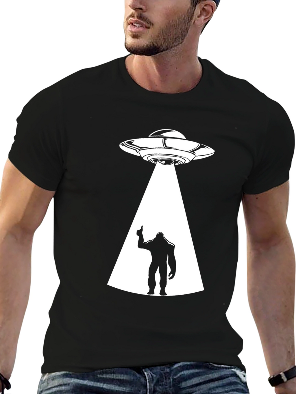 UFO Abduction Bigfoot Mens Black T-Shirt