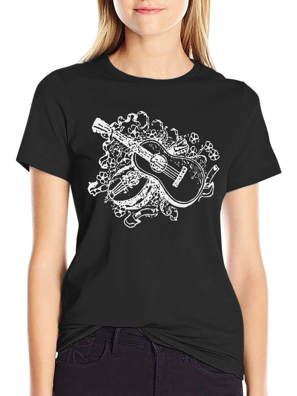 Guitar Floral Graphic Tee - Black Casual Shirt