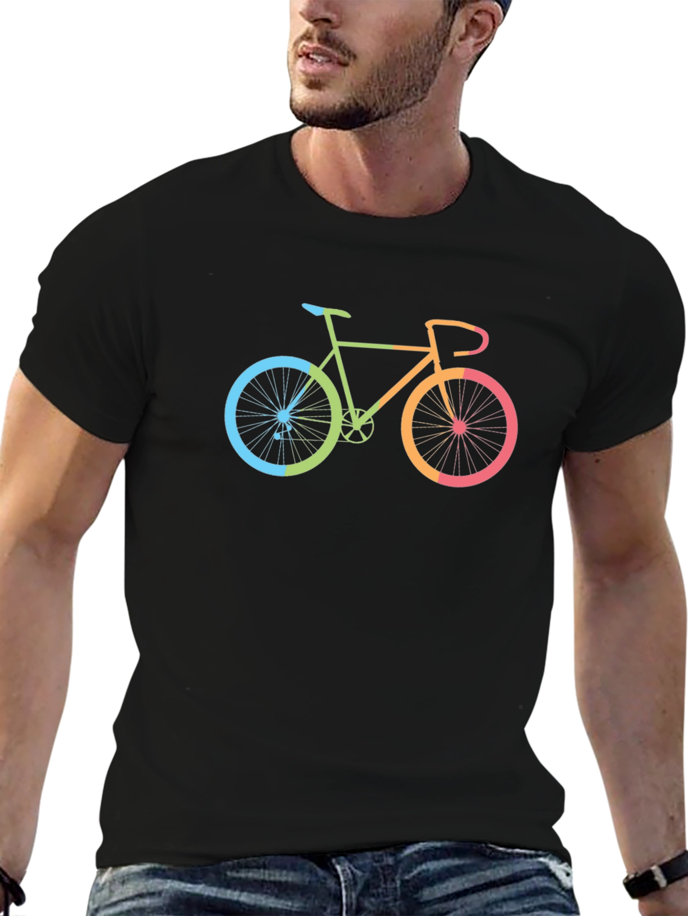 Colorful Bike Graphic Tee - Black Cotton T-Shirt