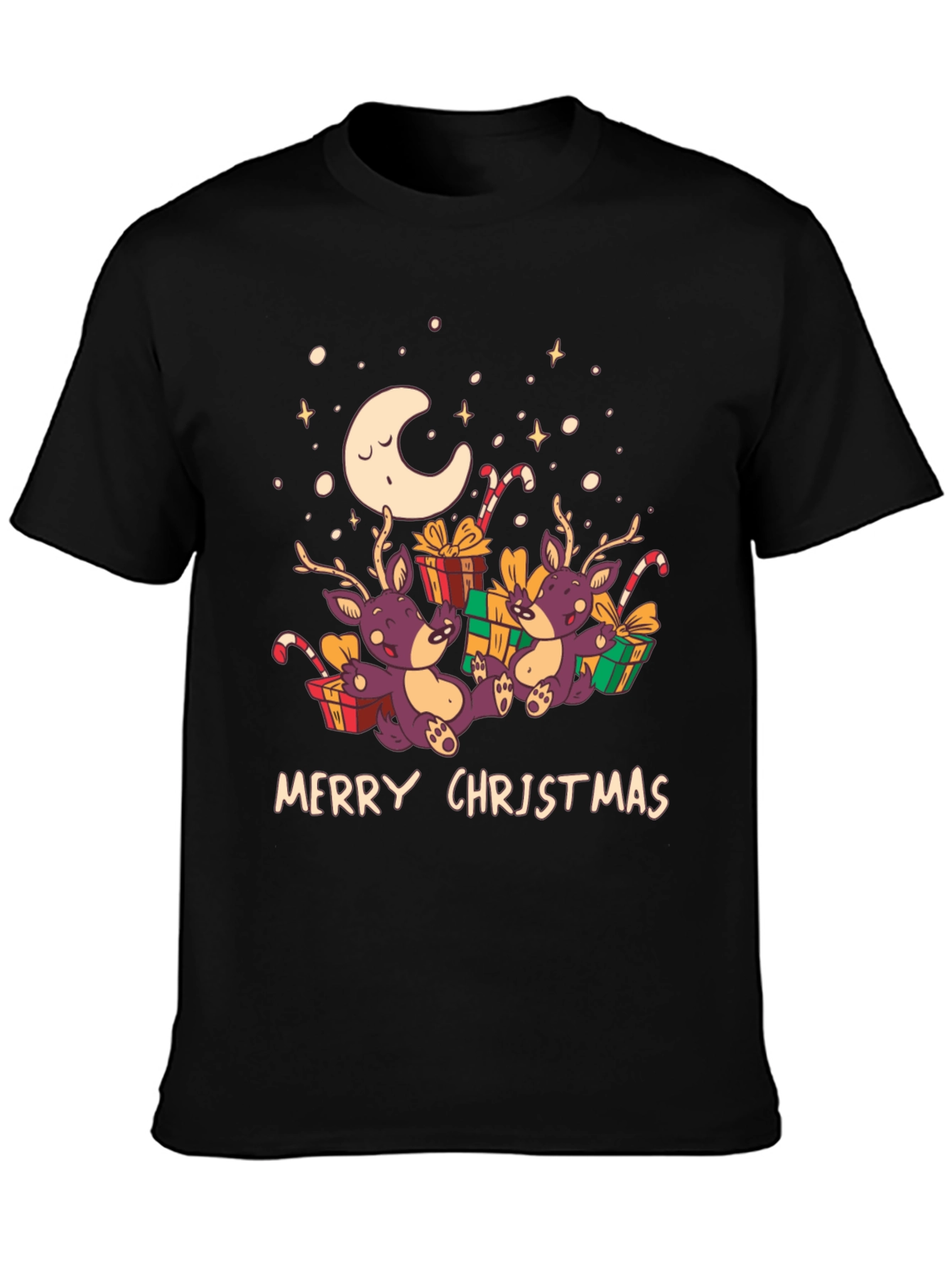 Merry Christmas Reindeer Graphic Tee - Black