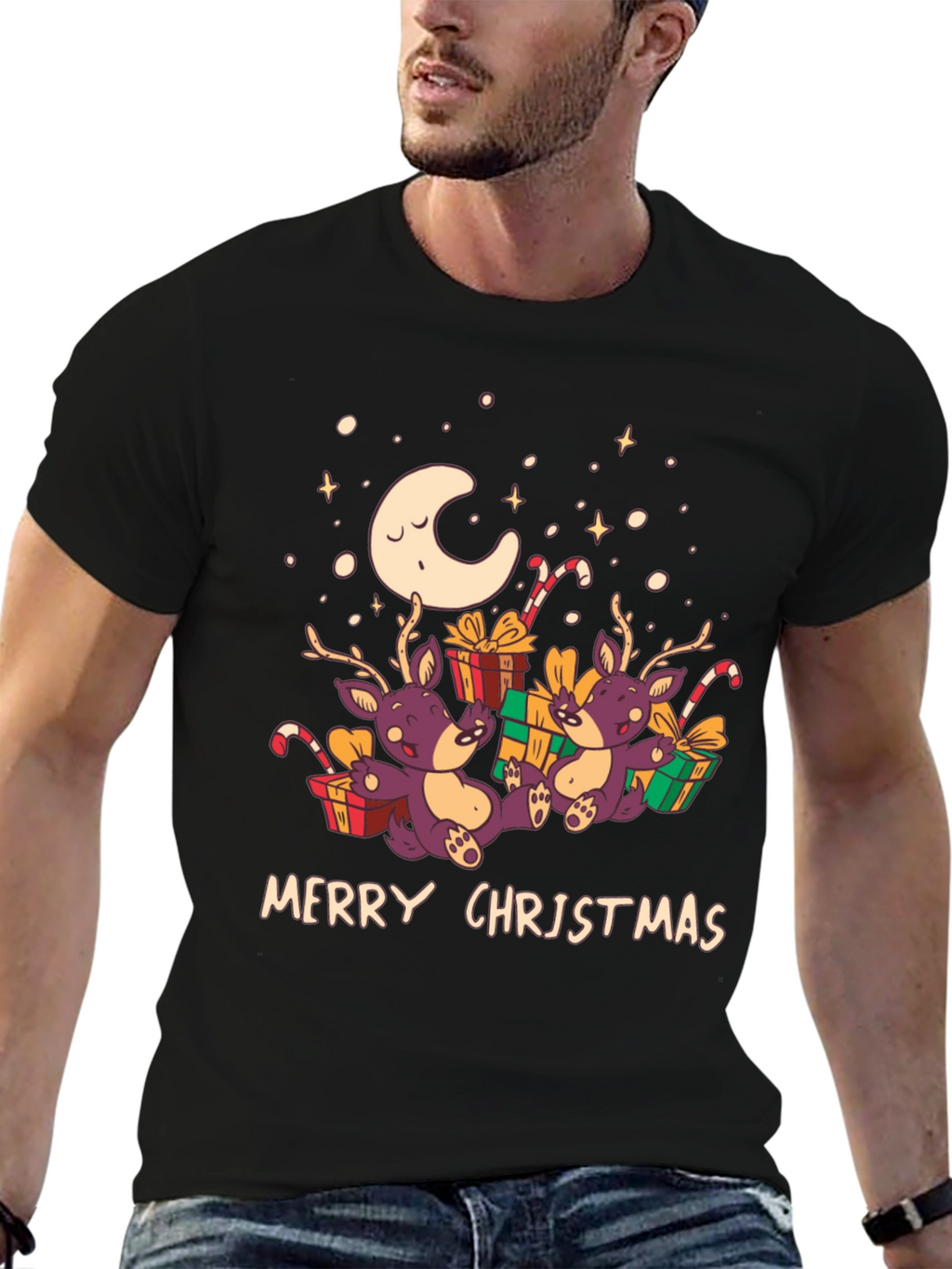 Merry Christmas Reindeer Graphic Tee - Black