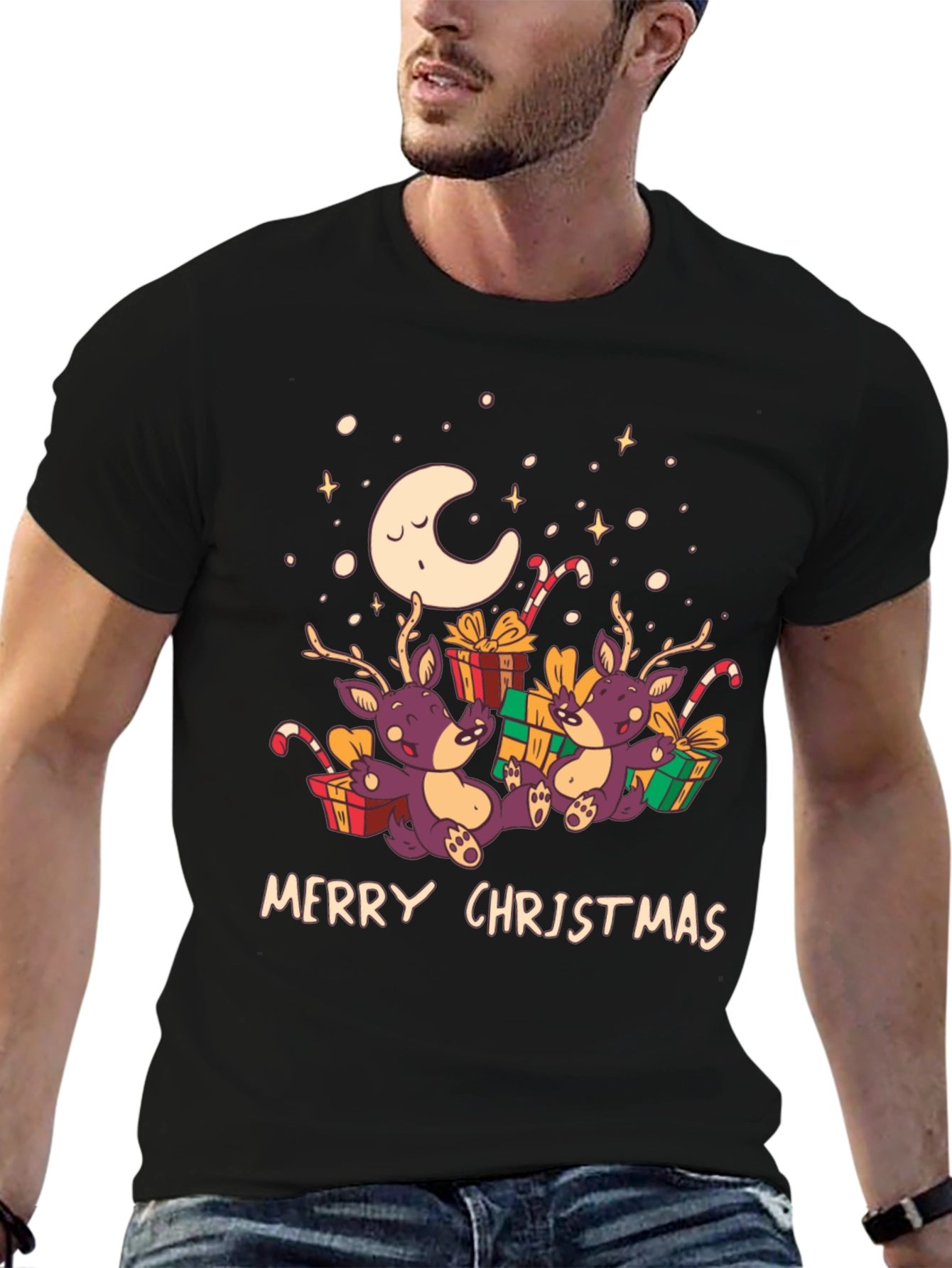 Merry Christmas Reindeer Graphic Tee - Black