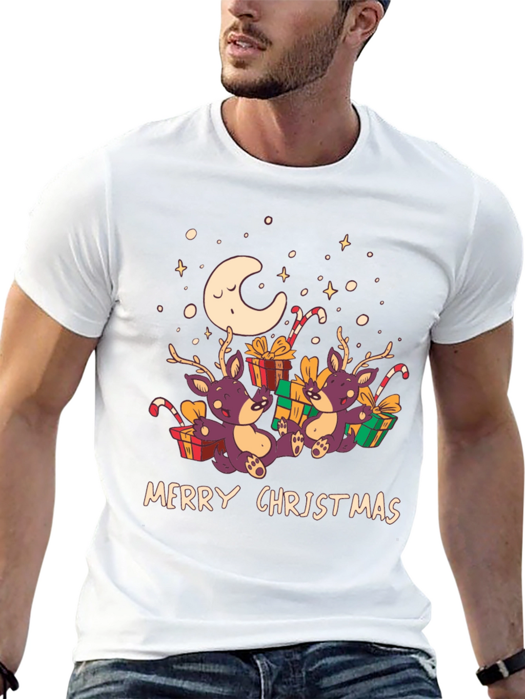 Merry Christmas Reindeer Graphic Tee - Black