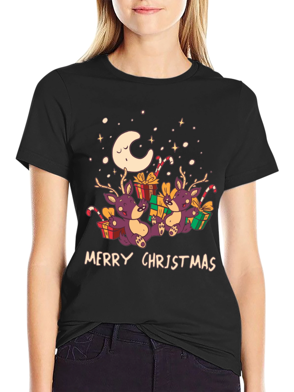 Merry Christmas Reindeer Graphic Tee - Black