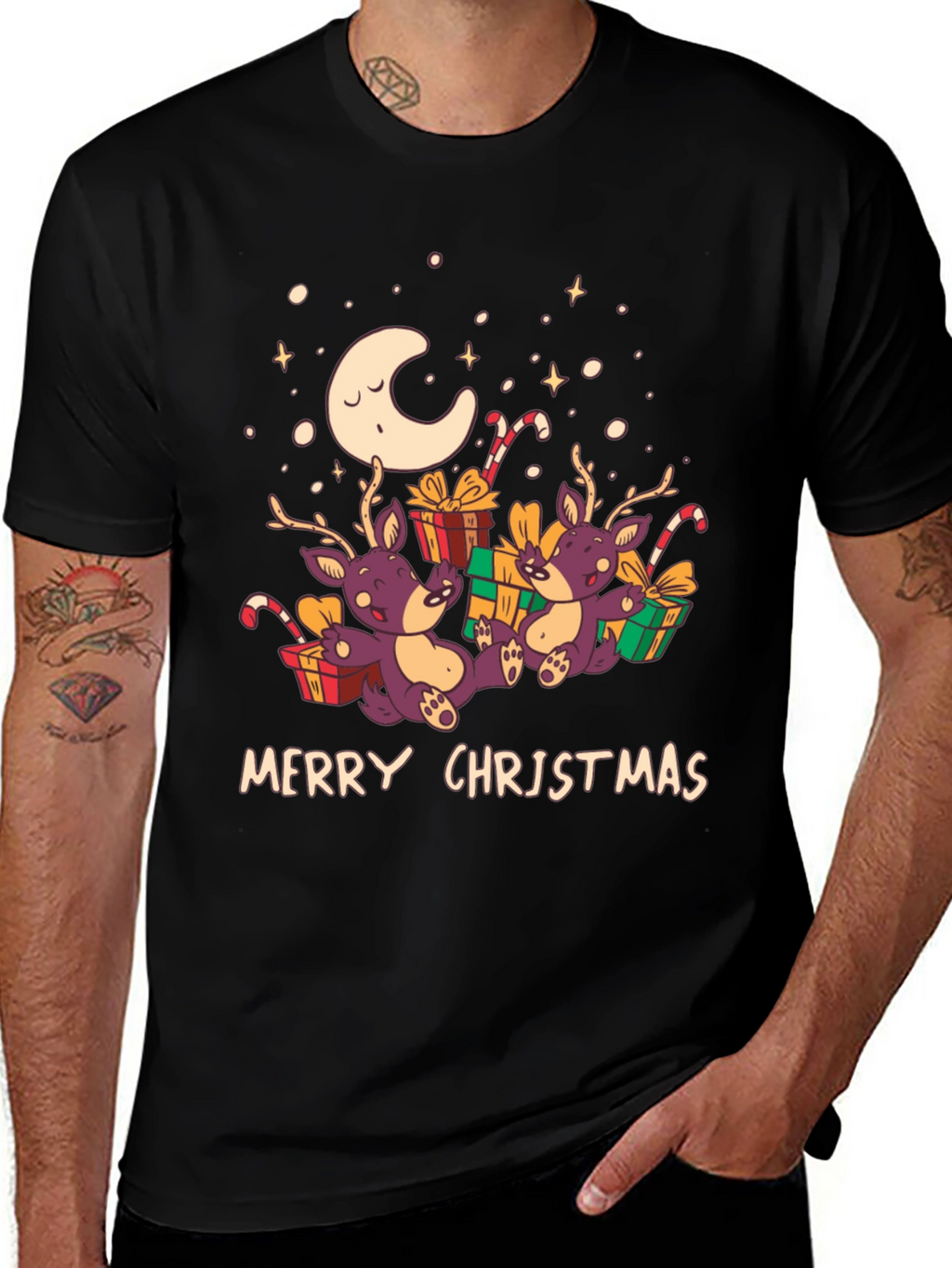 Merry Christmas Reindeer Graphic Tee - Black