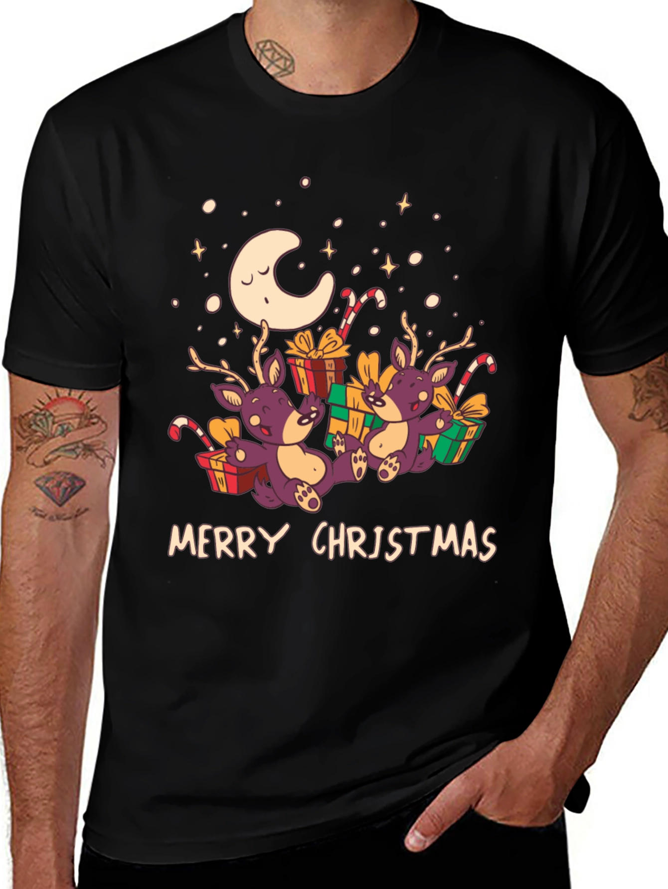 Merry Christmas Reindeer Graphic Tee - Black