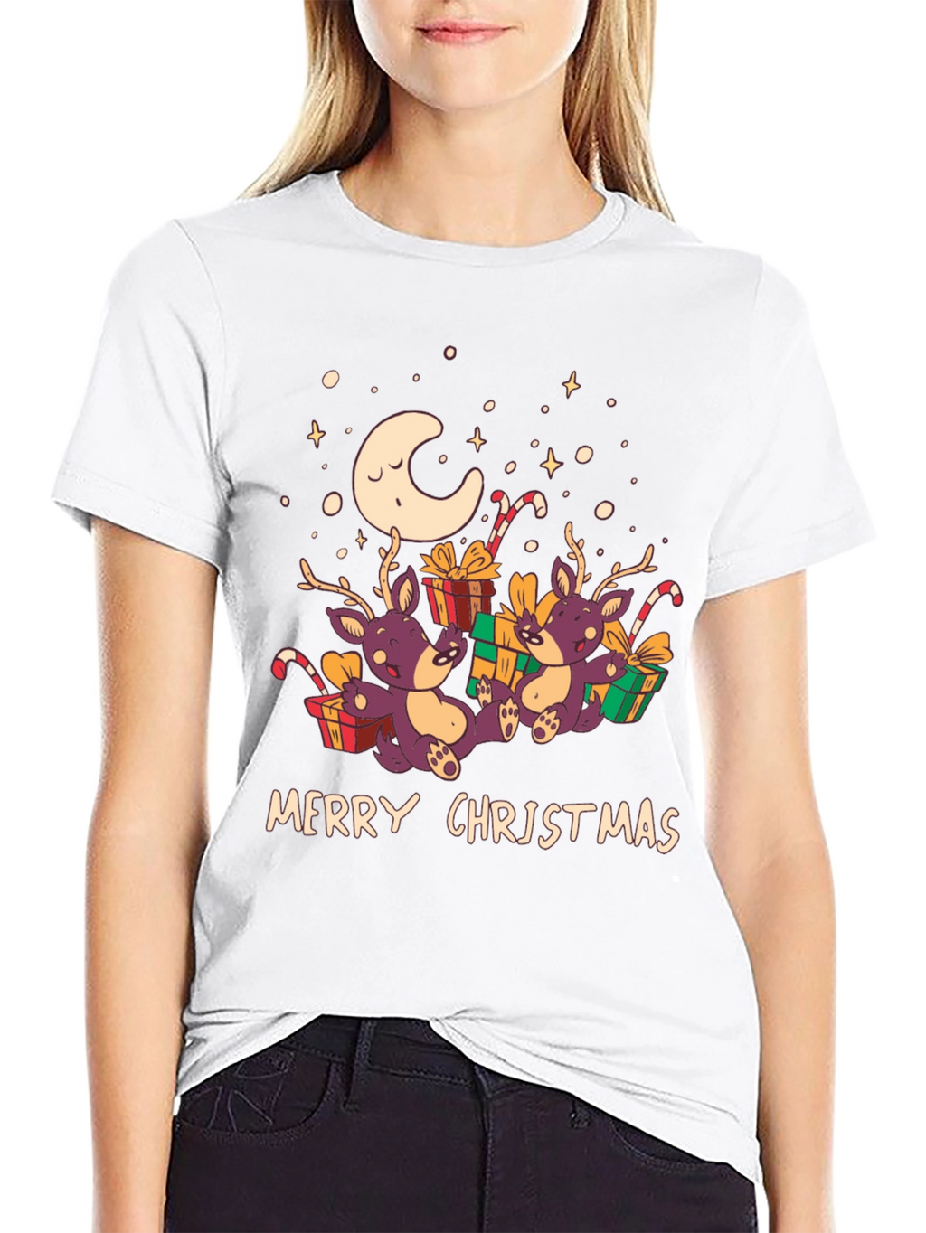 Merry Christmas Reindeer Graphic Tee - Black