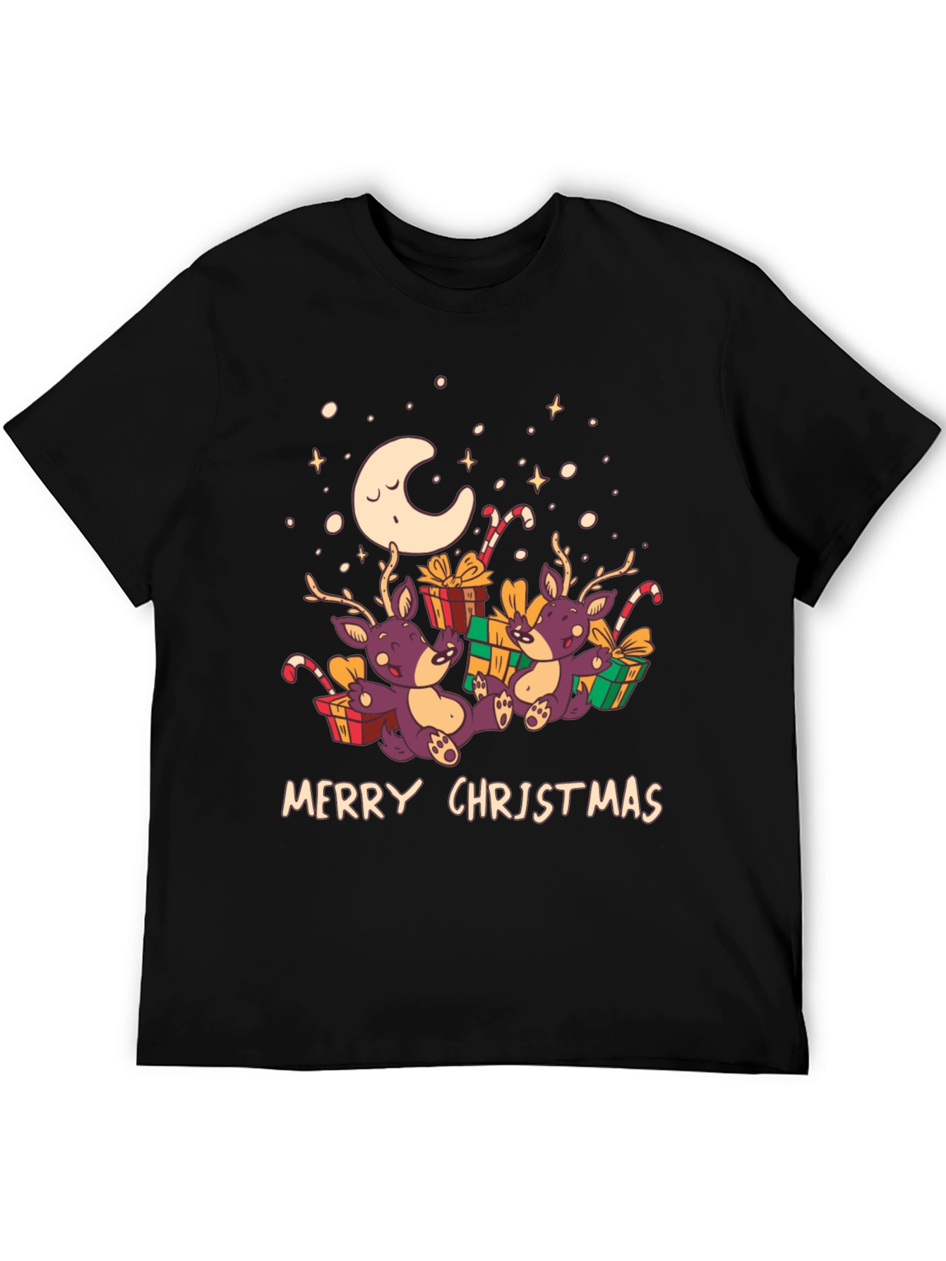 Merry Christmas Reindeer Graphic Tee - Black