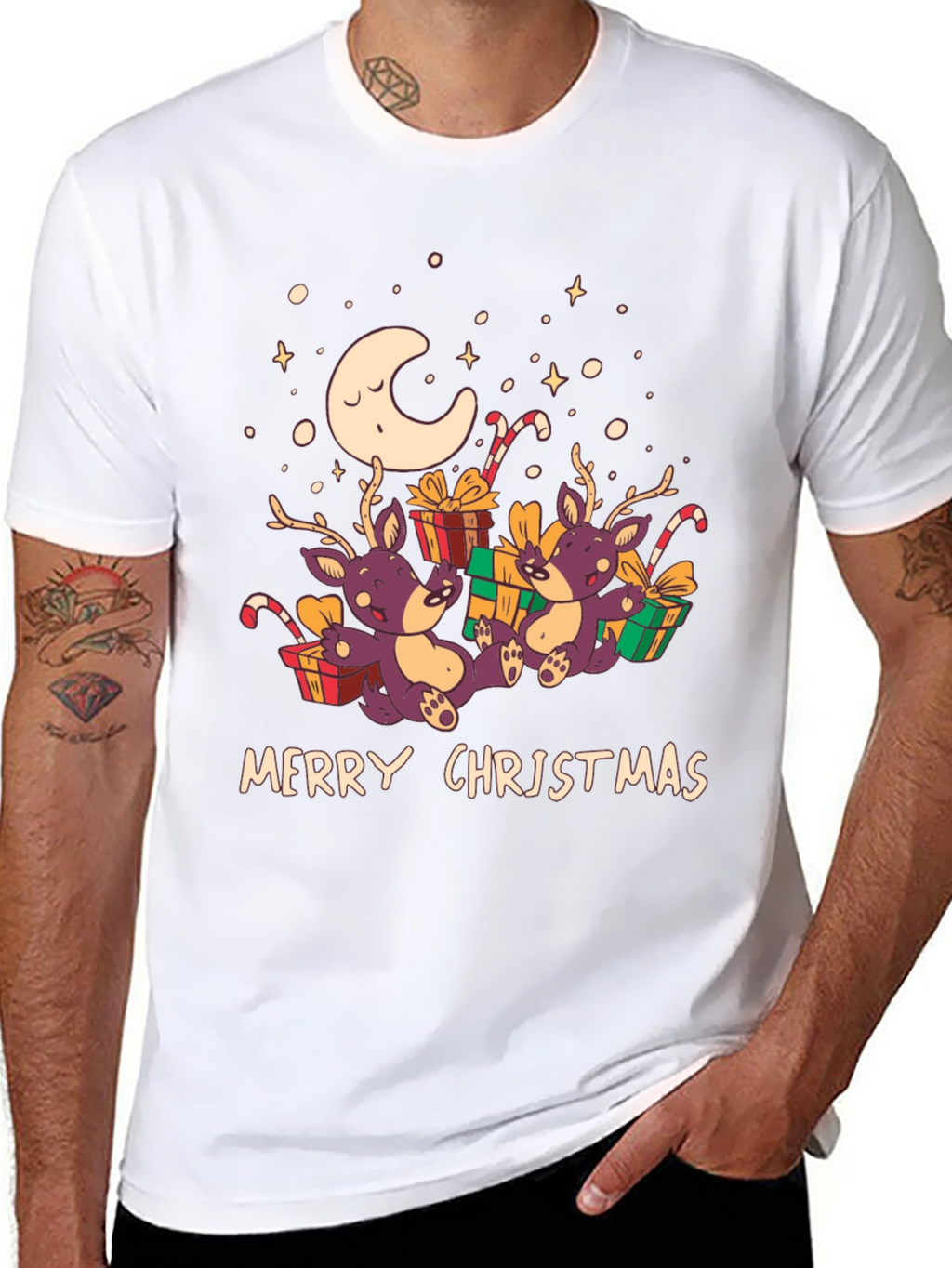 Merry Christmas Reindeer Graphic Tee - Black