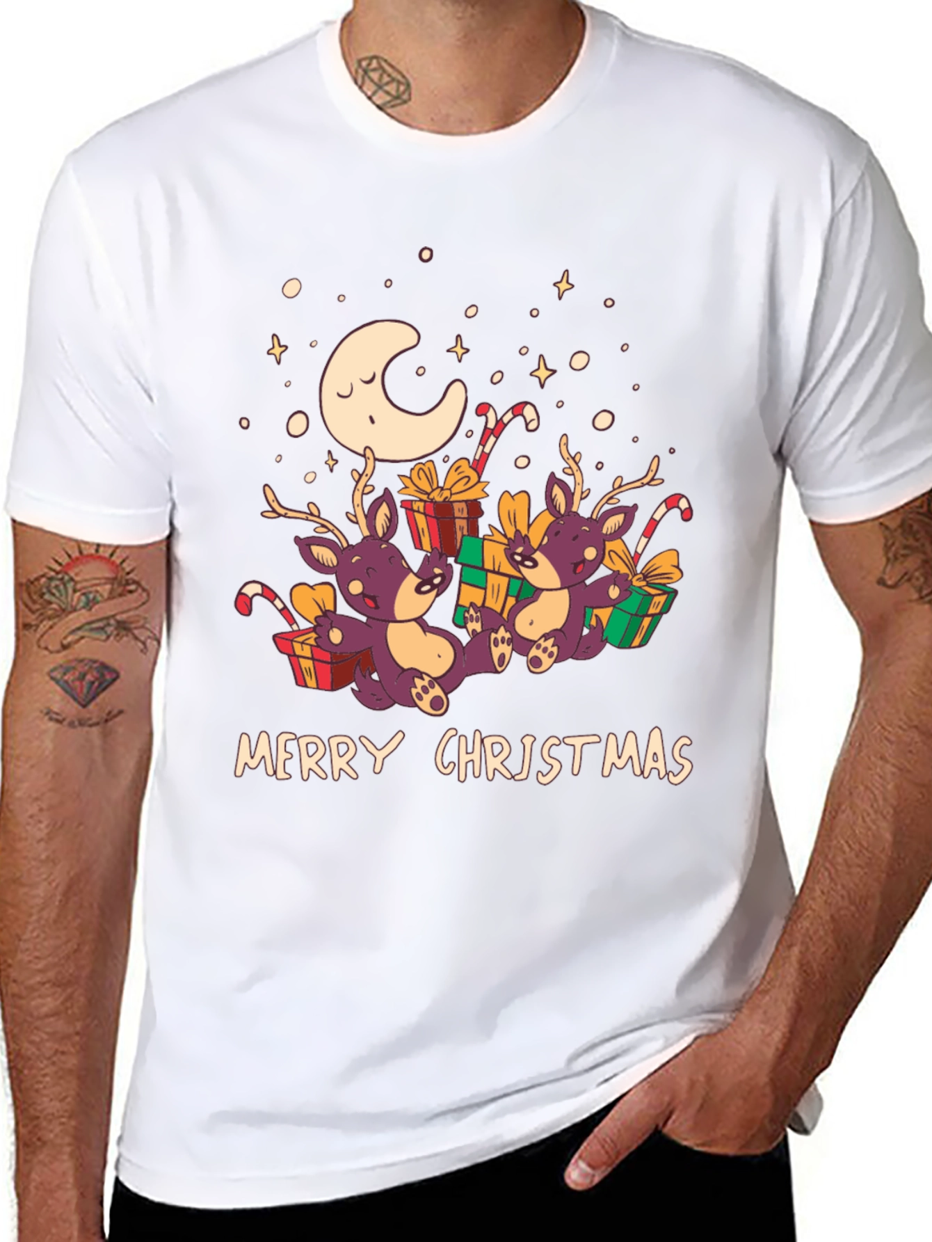 Merry Christmas Reindeer Graphic Tee - Black