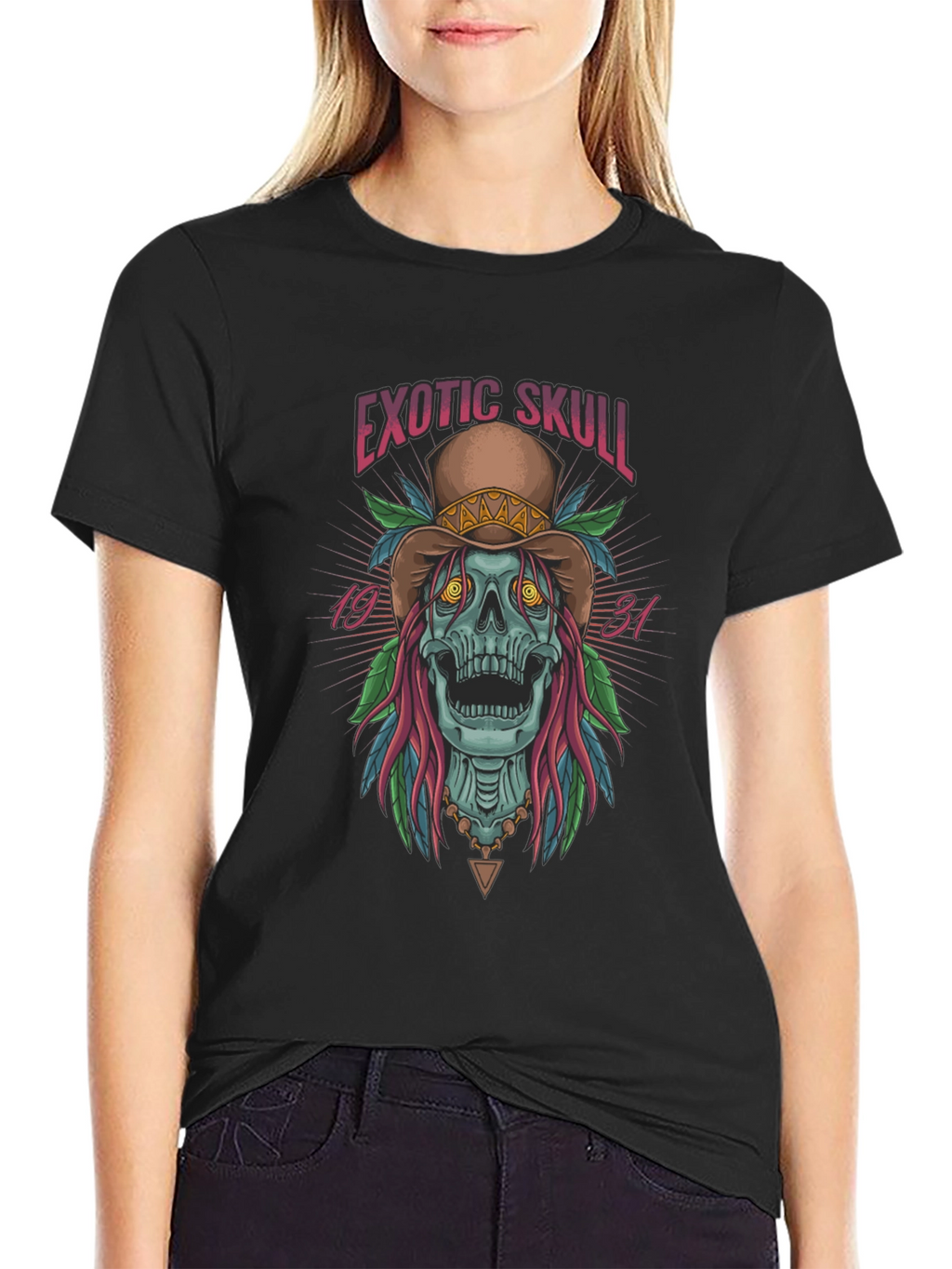 Exotic Skull Graphic Print Black T-Shirt