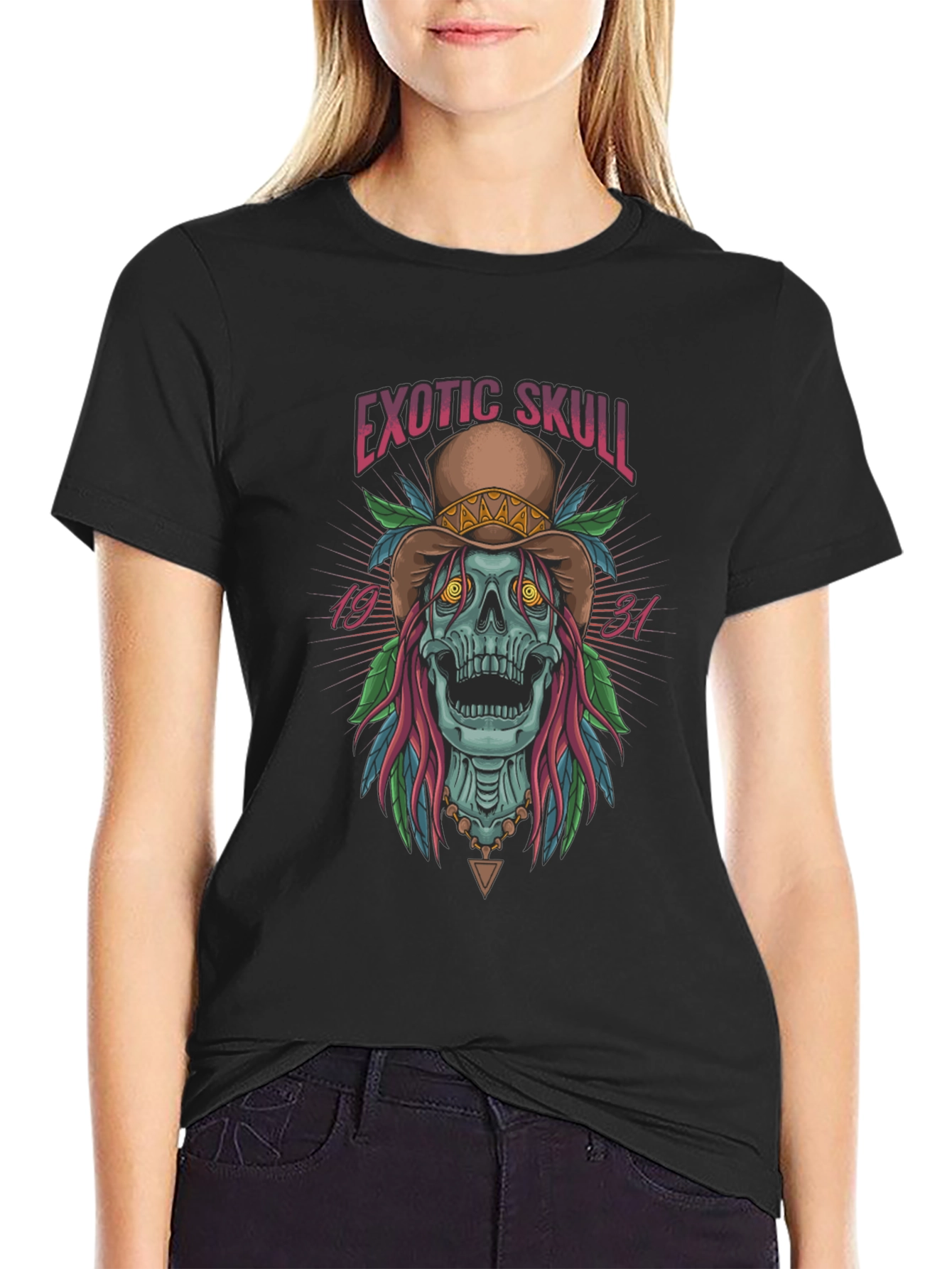 Exotic Skull Graphic Print Black T-Shirt
