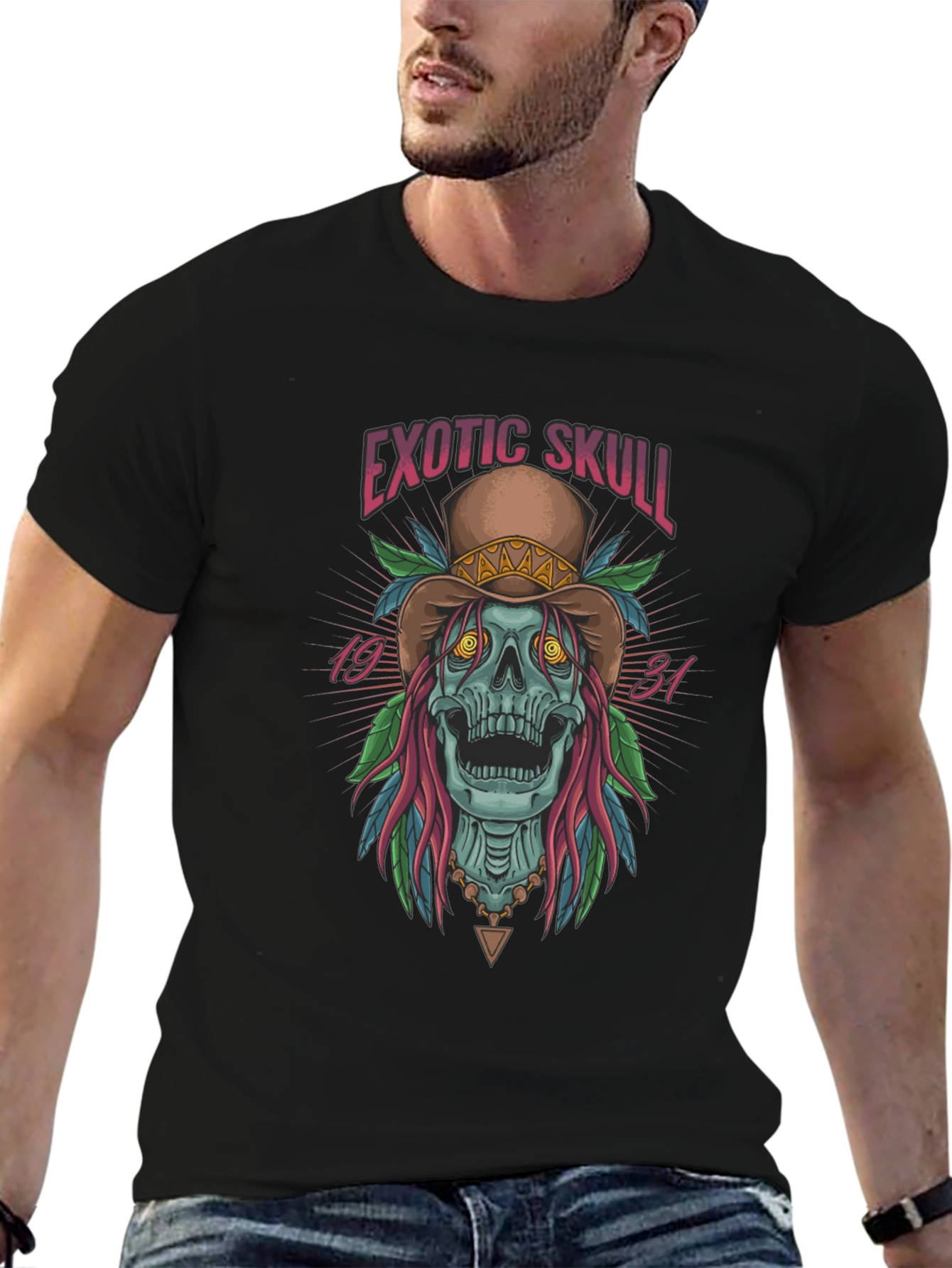 Exotic Skull Graphic Print Black T-Shirt