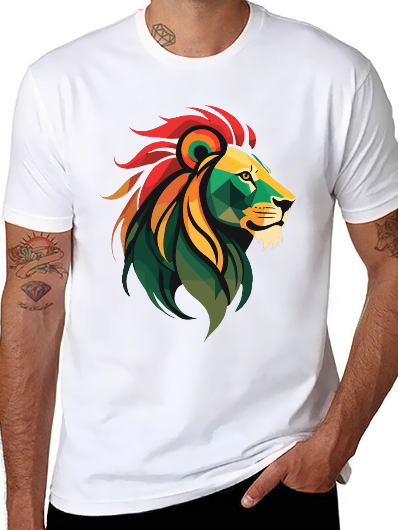 Geometric Lion Head Graphic Tee - Black