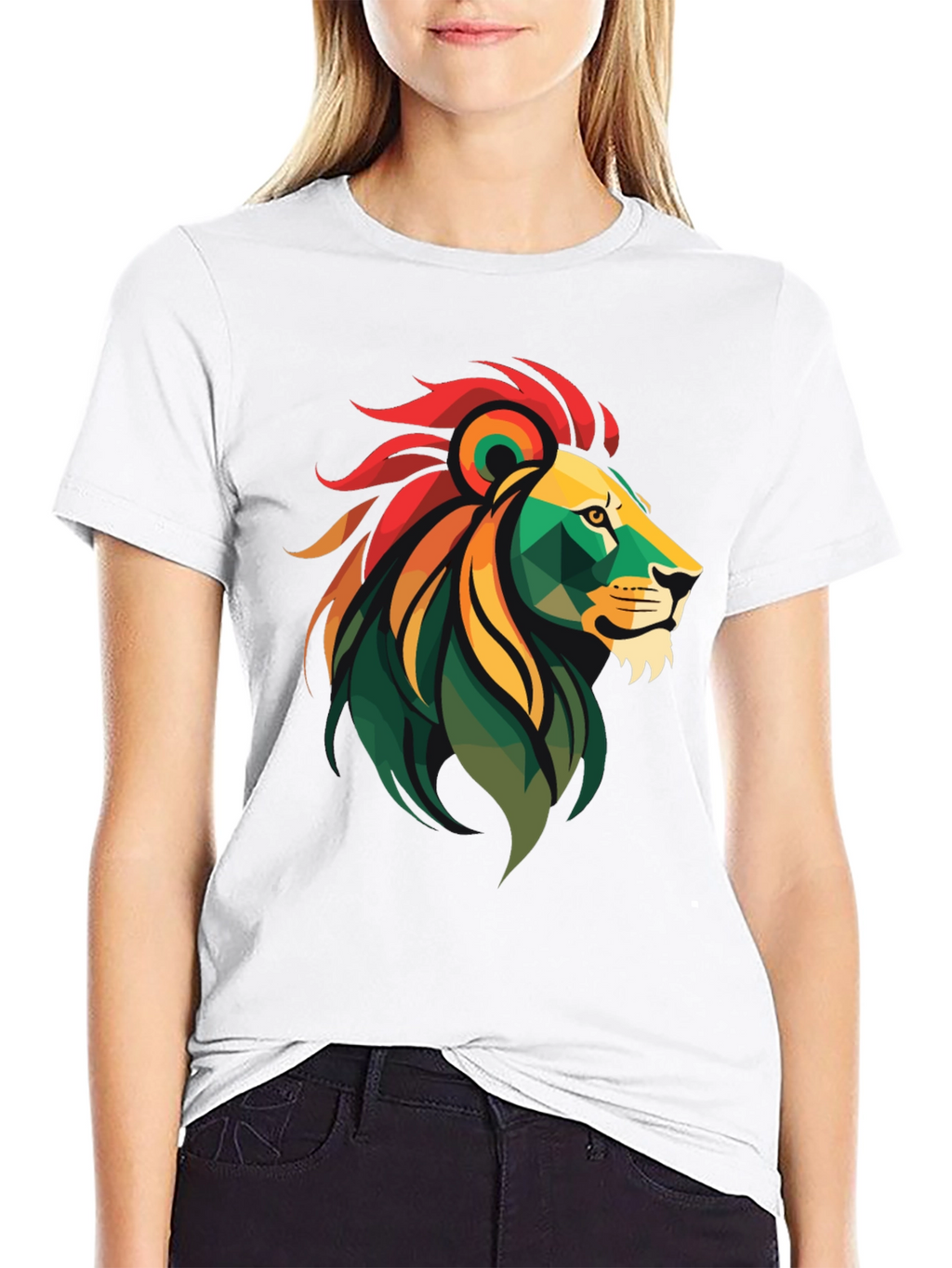 Geometric Lion Head Graphic Tee - Black