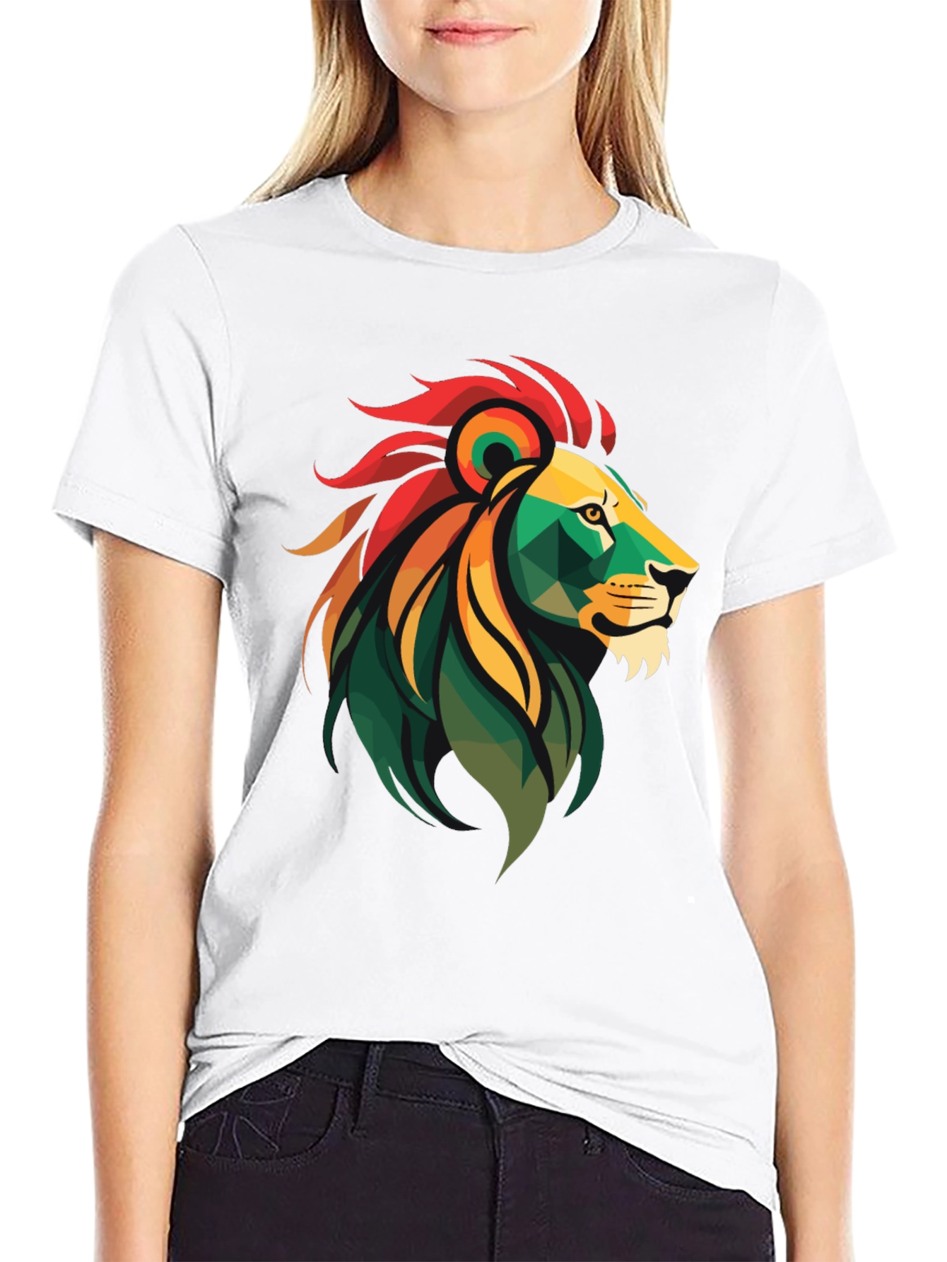 Geometric Lion Head Graphic Tee - Black