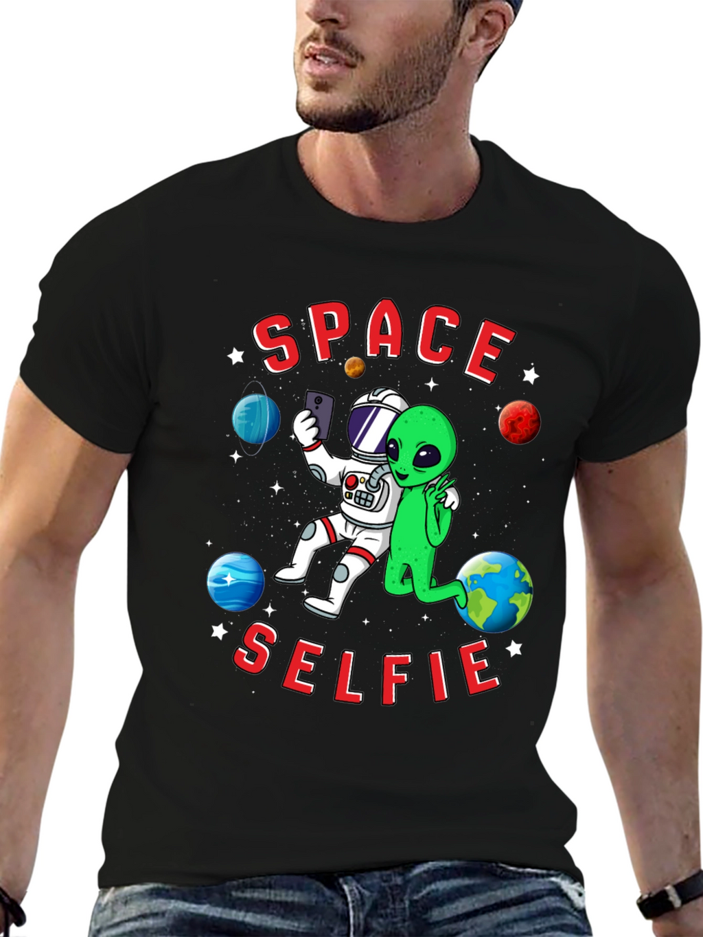 Space Selfie T-Shirt - Astronaut & Alien Graphic Tee