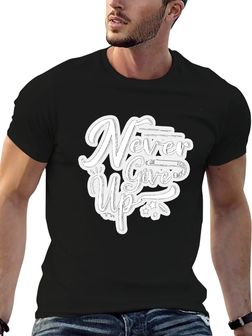 Never Give Up Graphic Print T-Shirt - Black
