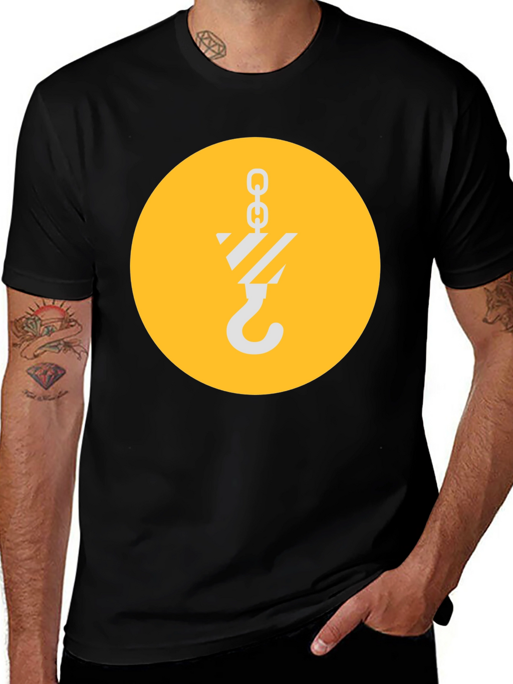 Black T-Shirt with Crane Hook Graphic