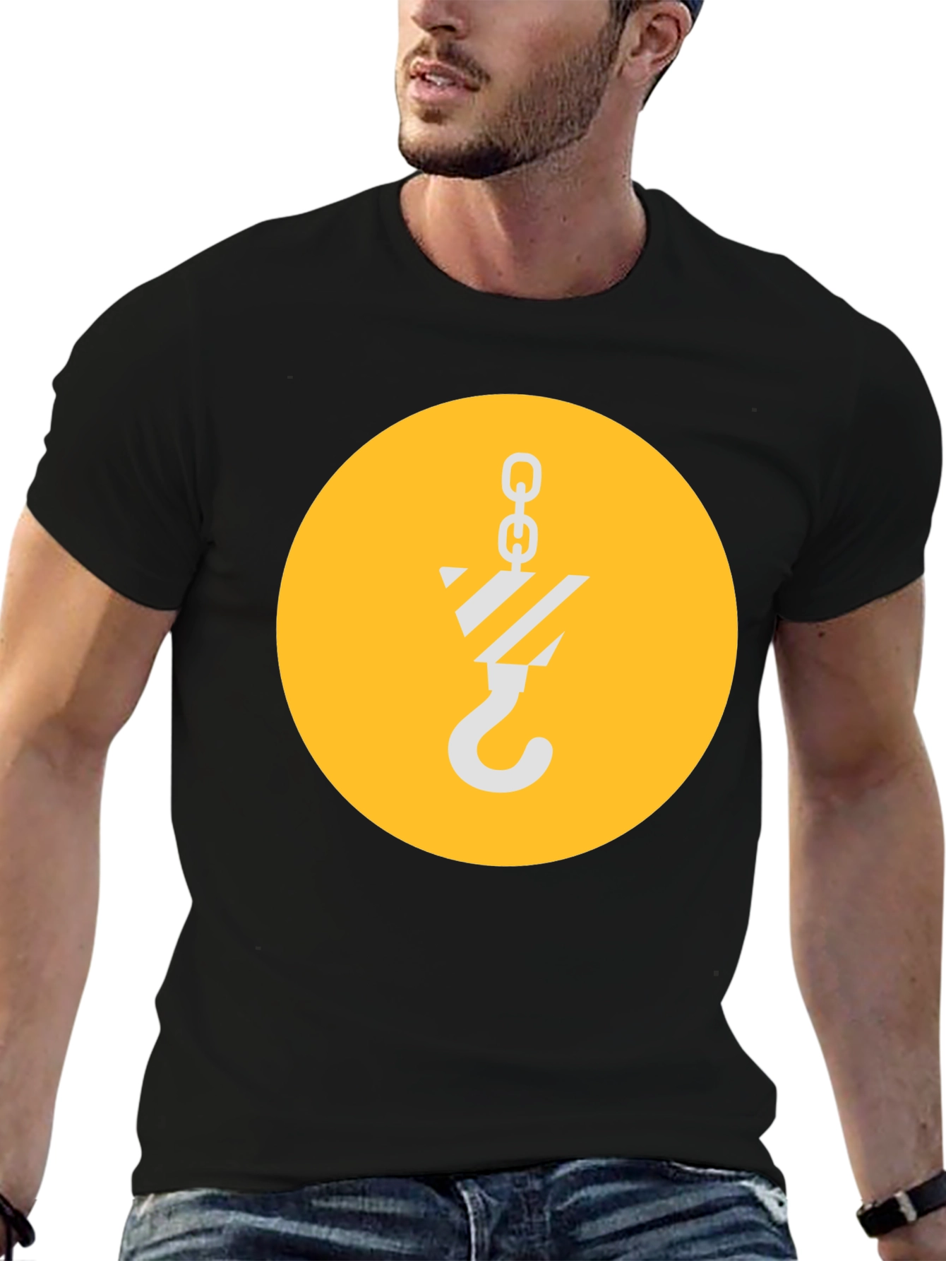 Black T-Shirt with Crane Hook Graphic