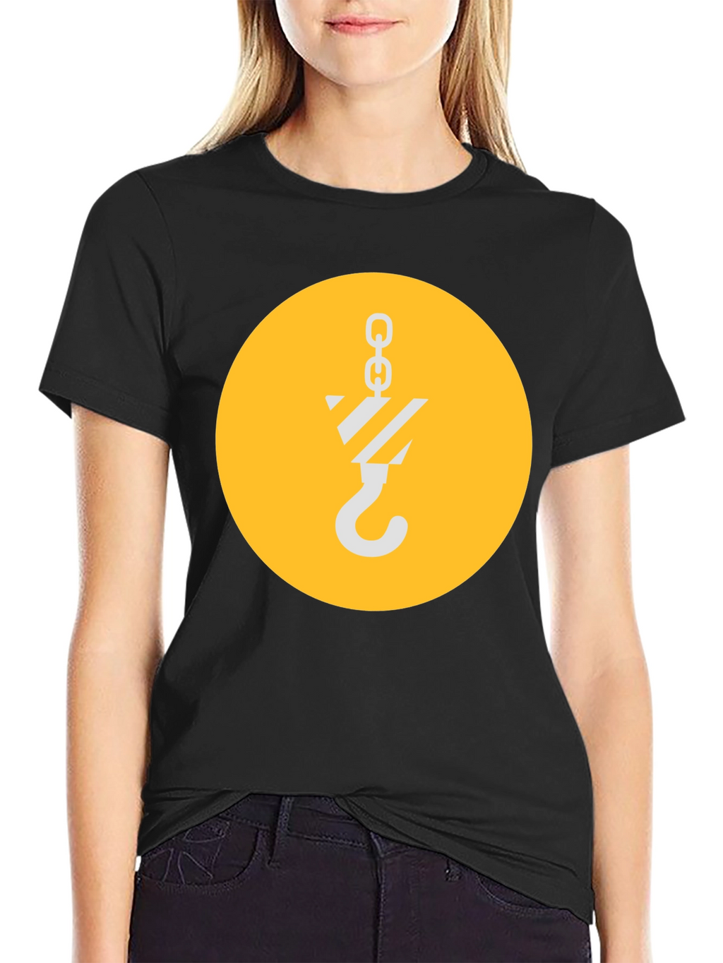 Black T-Shirt with Crane Hook Graphic