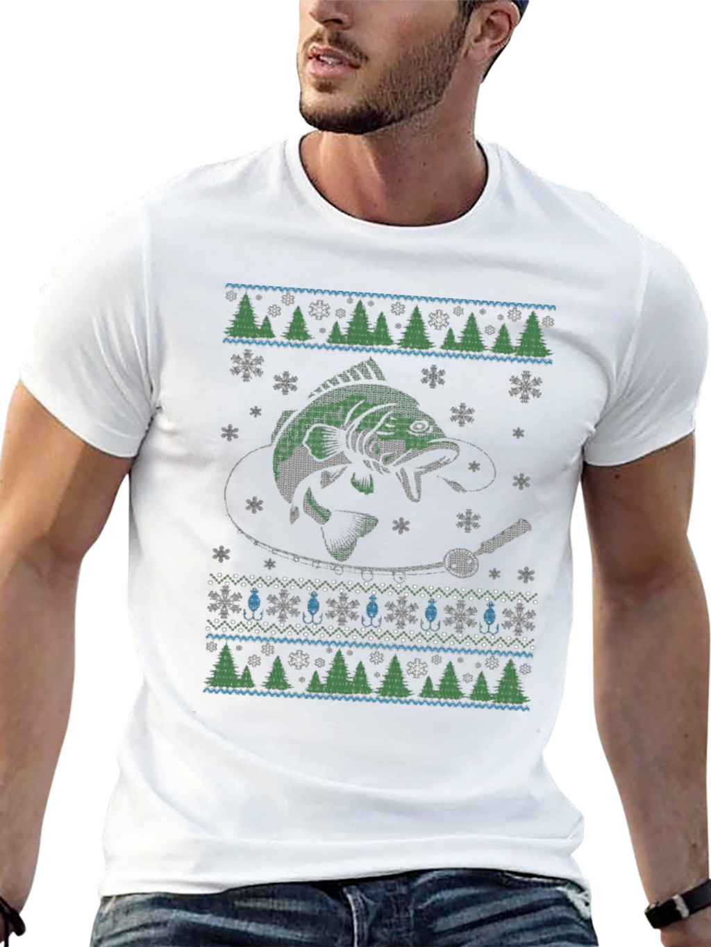 Fishing Ugly Christmas Sweater Style T-Shirt
