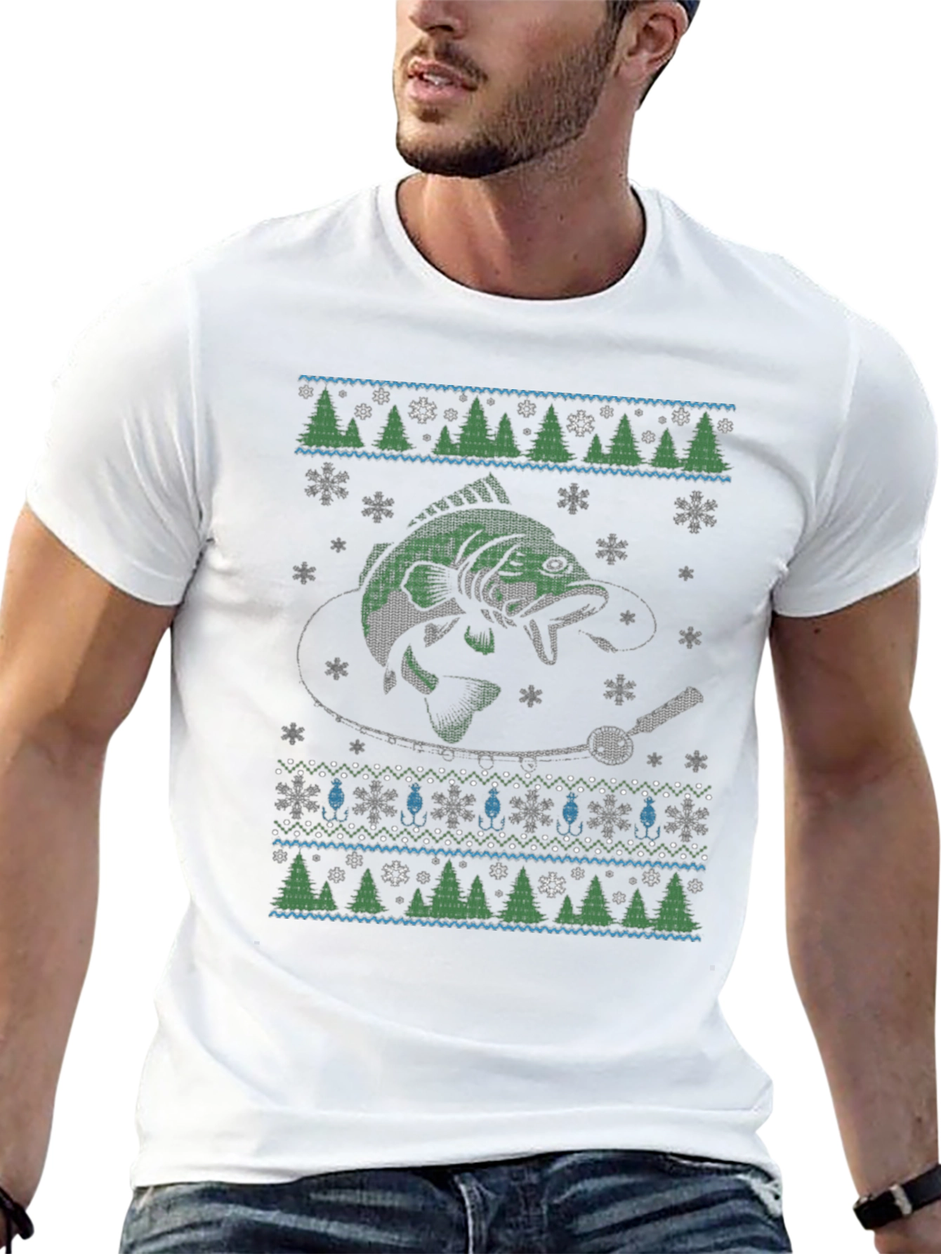 Fishing Ugly Christmas Sweater Style T-Shirt