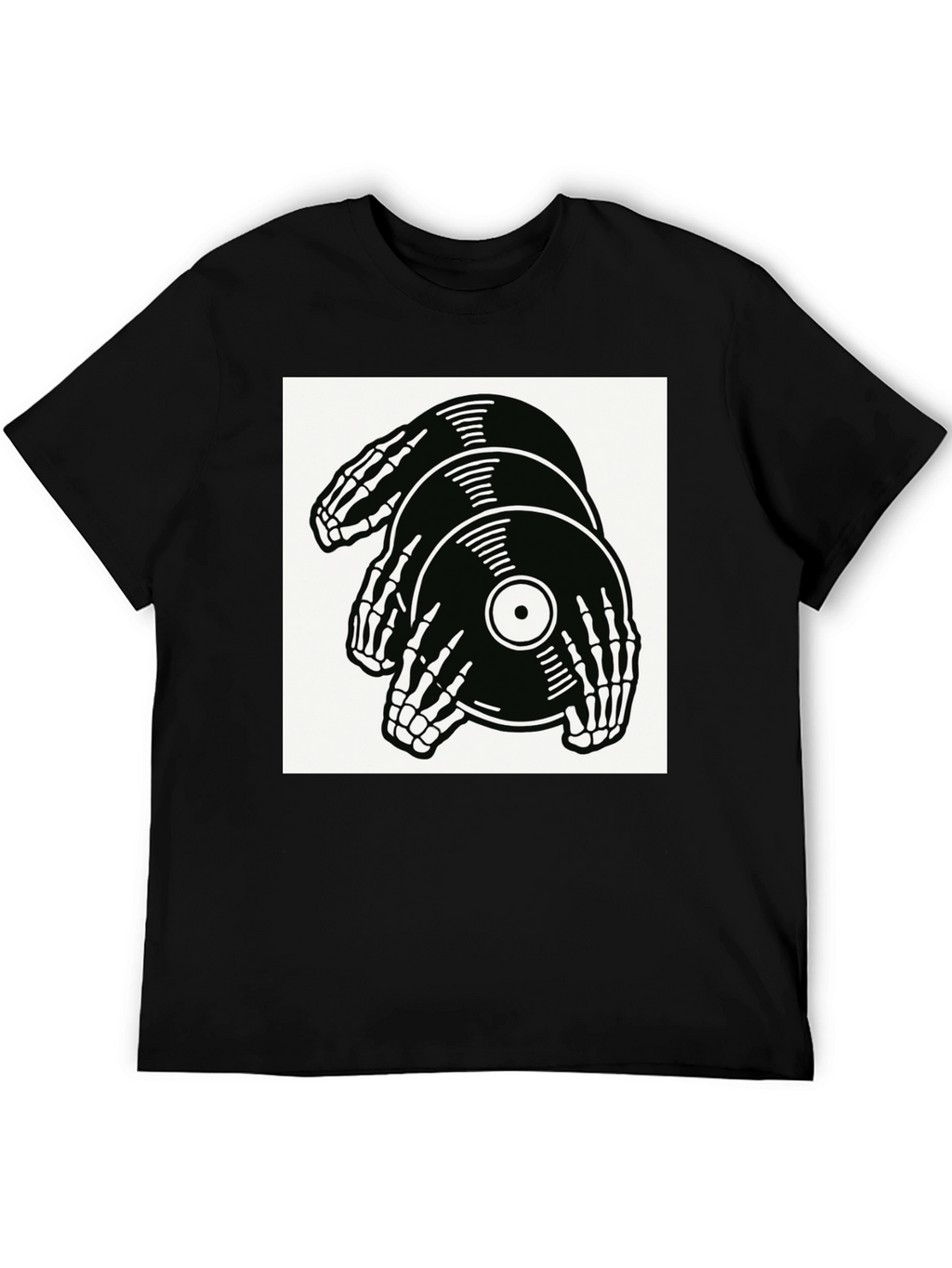 Skeleton Hands Vinyl Record Graphic T-Shirt